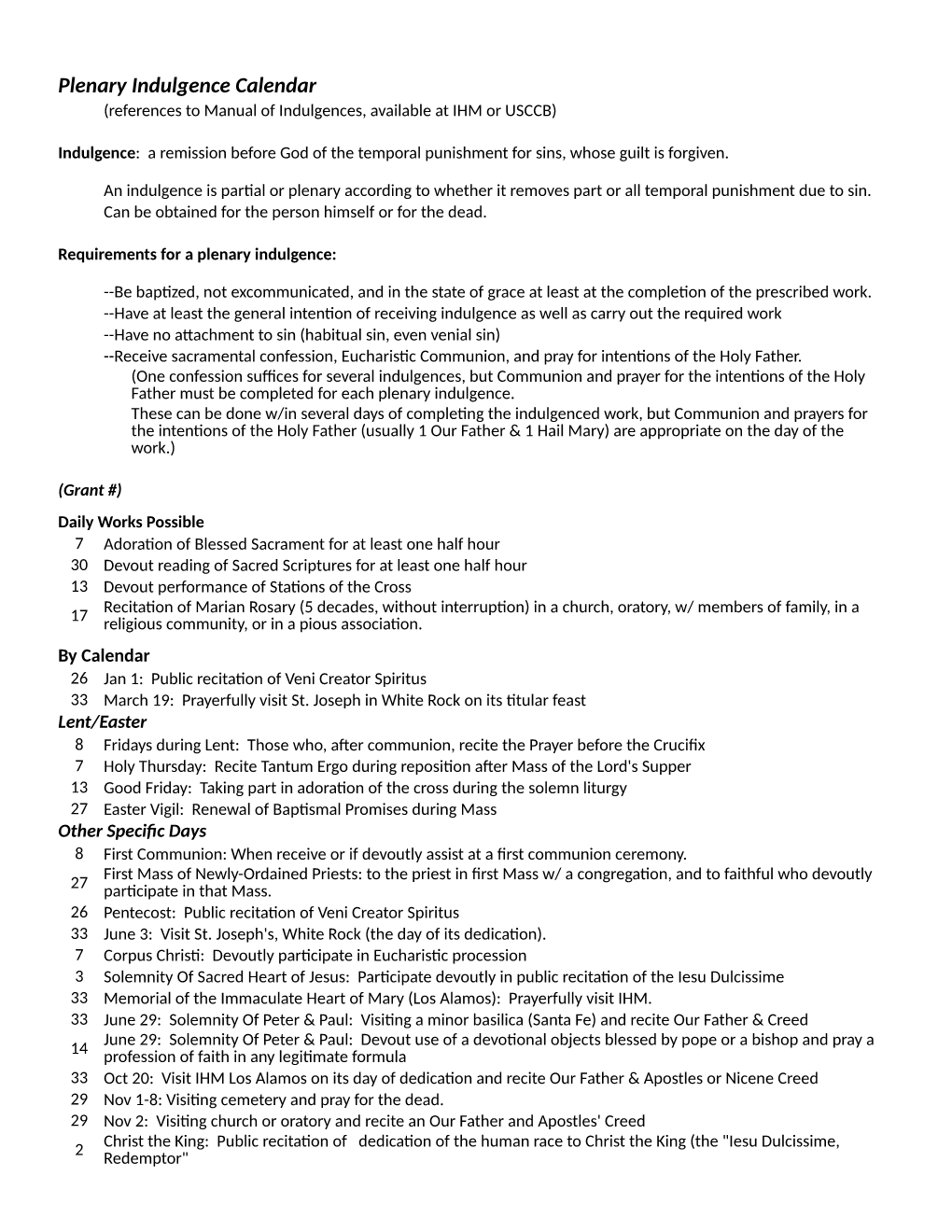 Plenary Indulgence Calendar (References to Manual of Indulgences, Available at IHM Or USCCB)