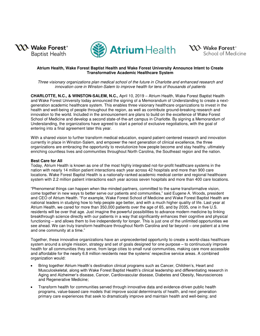 Atrium Health, Wake Forest Baptist Health and Wake Forest University Announce Intent to Create Transformative Academic Healthcare System