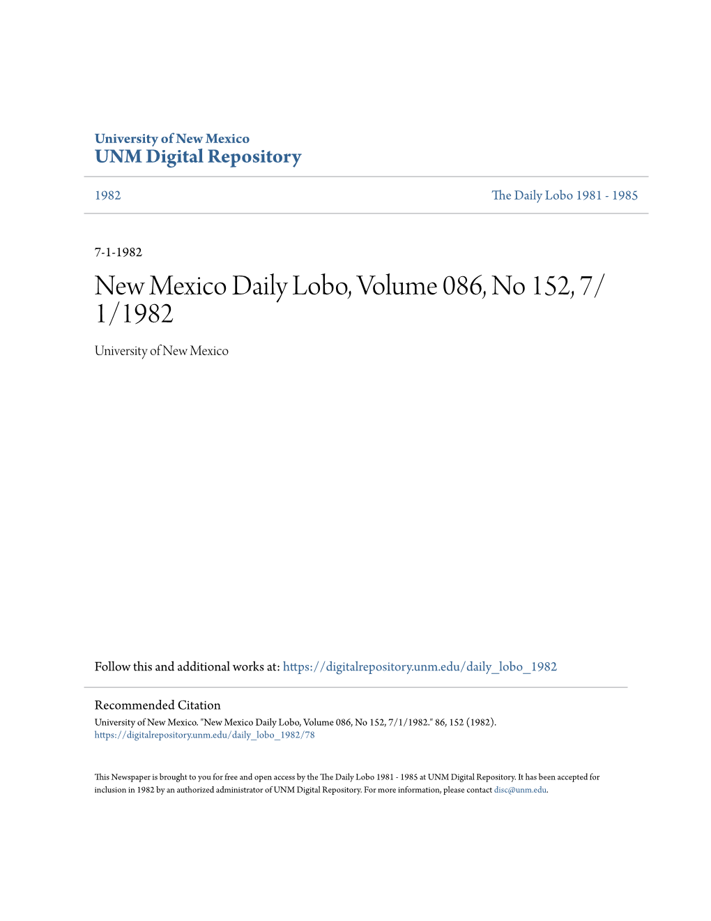 New Mexico Daily Lobo, Volume 086, No 152, 7/1/1982.