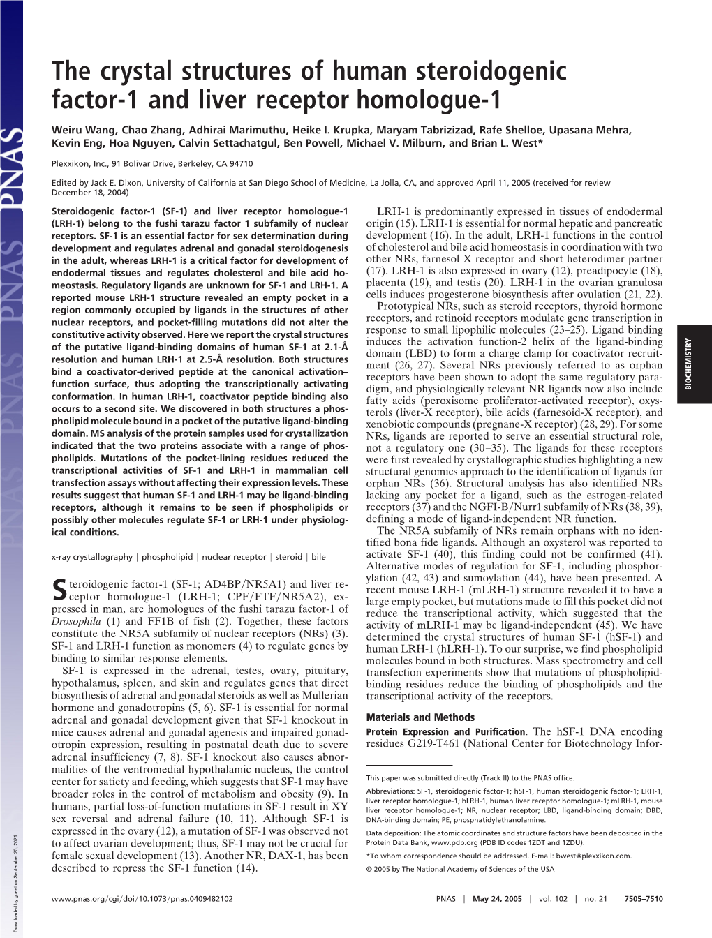 The Crystal Structures of Human Steroidogenic Factor-1 and Liver Receptor Homologue-1