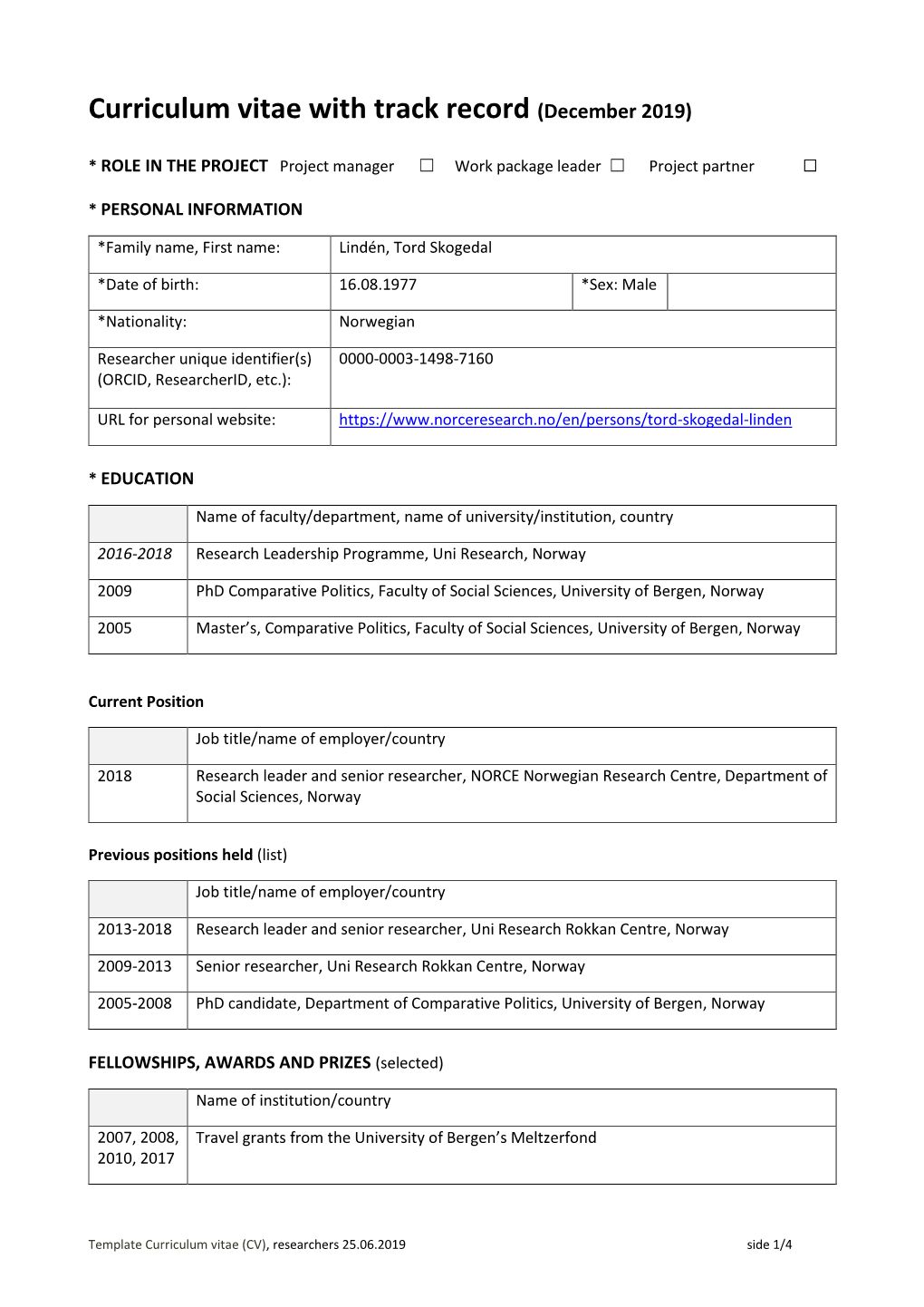 Curriculum Vitae with Track Record (December 2019)