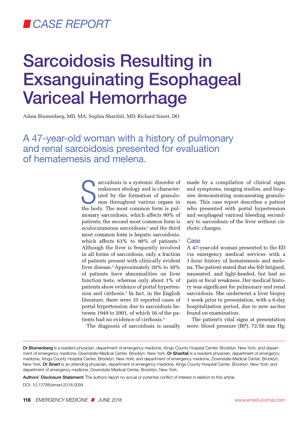 Sarcoidosis Resulting in Exsanguinating Esophageal Variceal Hemorrhage