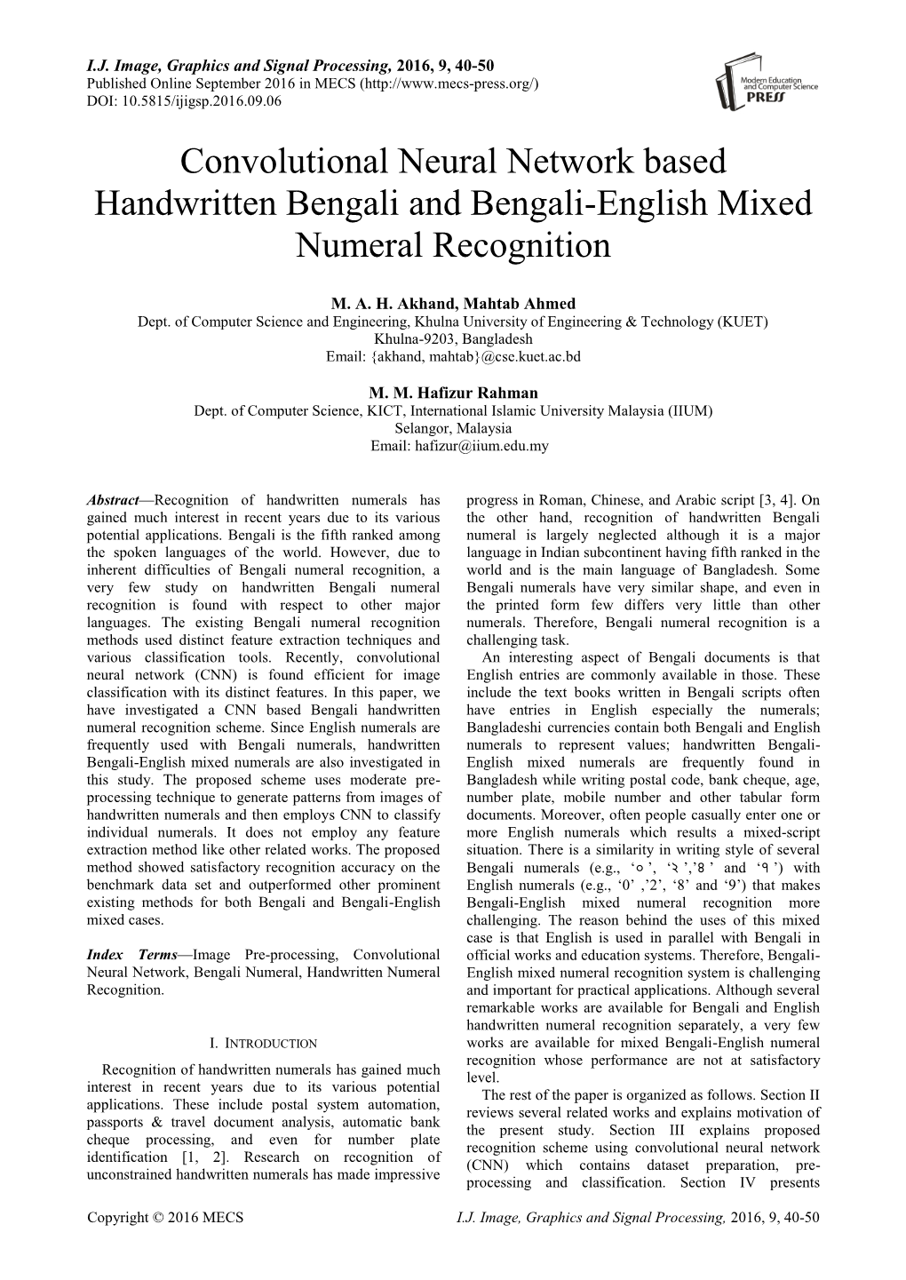 Convolutional Neural Network Based Handwritten Bengali and Bengali-English Mixed Numeral Recognition