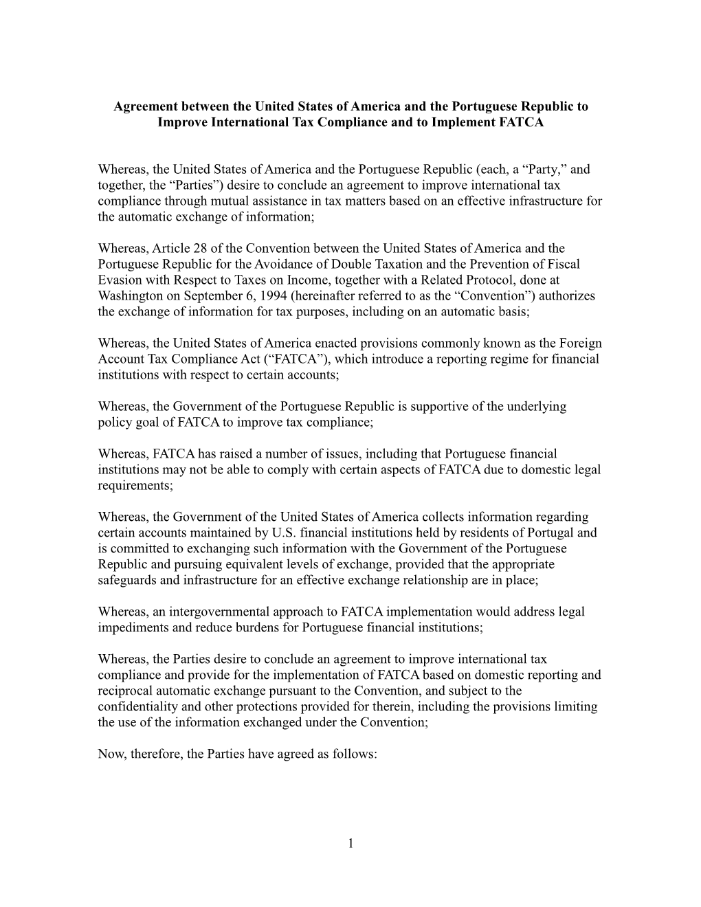 Agreement Between the United States of America and the Portuguese Republic to Improve International Tax Compliance and to Implement FATCA