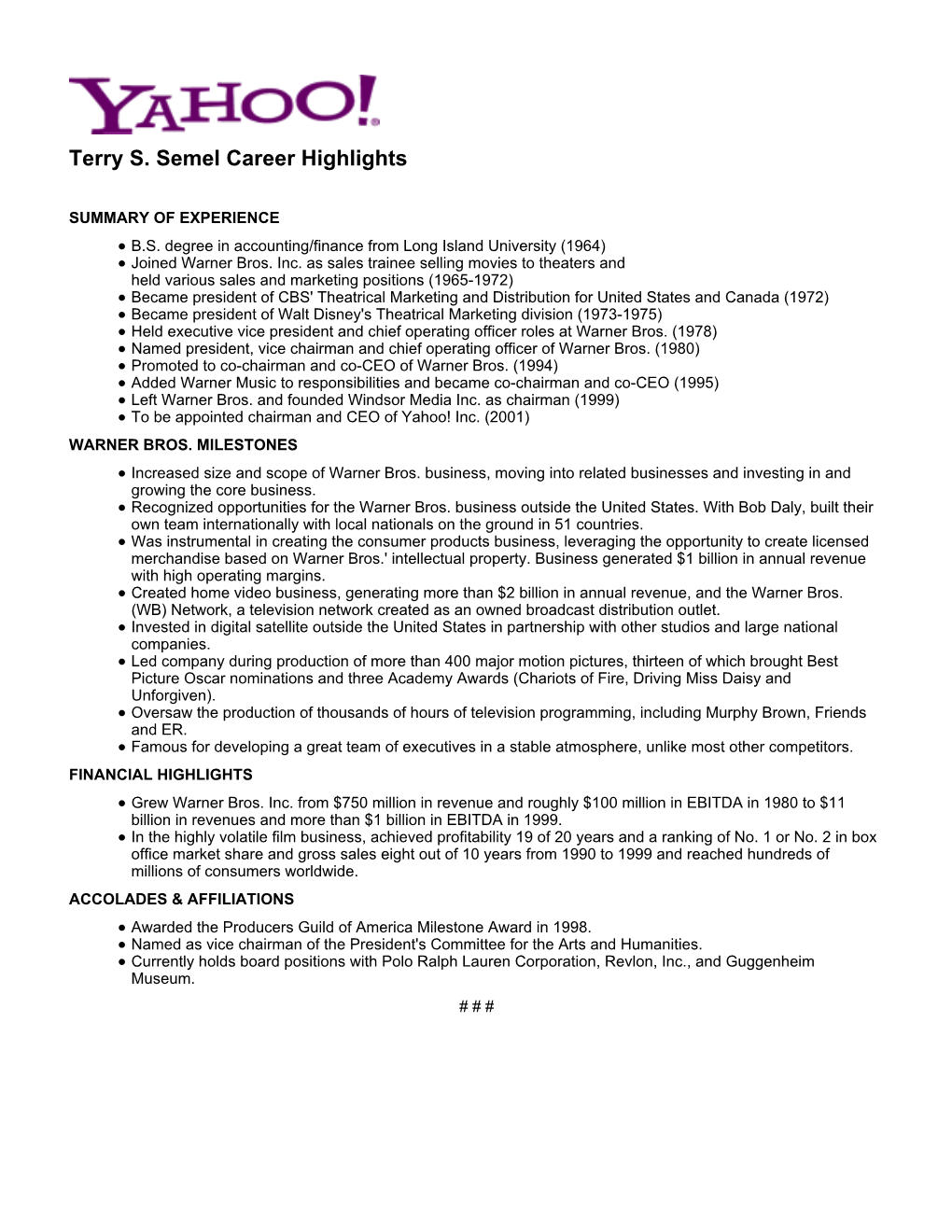 Terry S. Semel Career Highlights