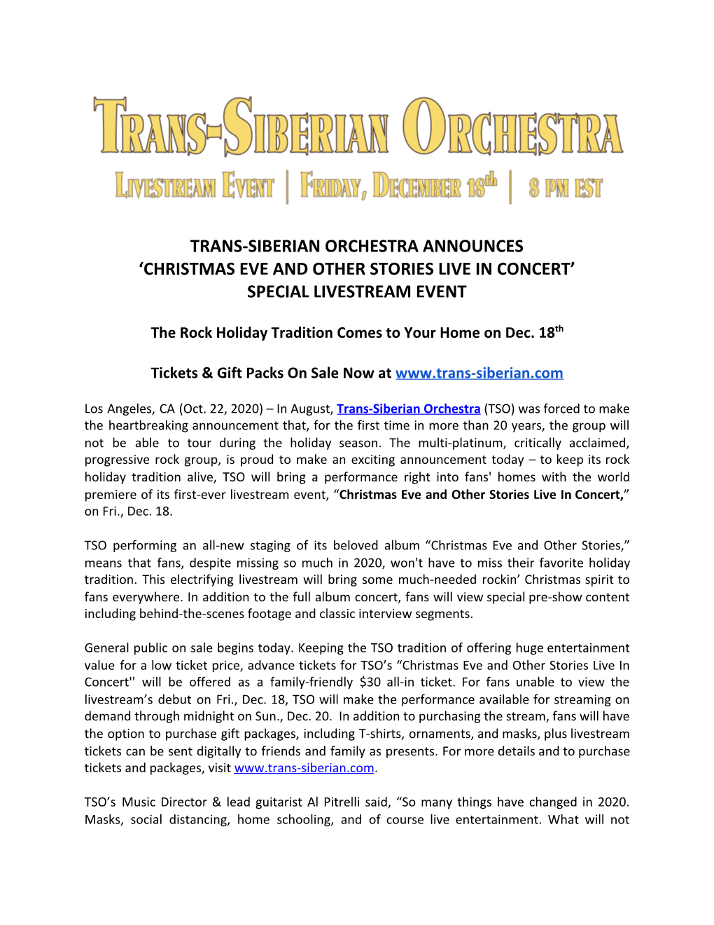 Trans-Siberian Orchestra Announces ‘Christmas Eve and Other Stories Live in Concert’ Special Livestream Event