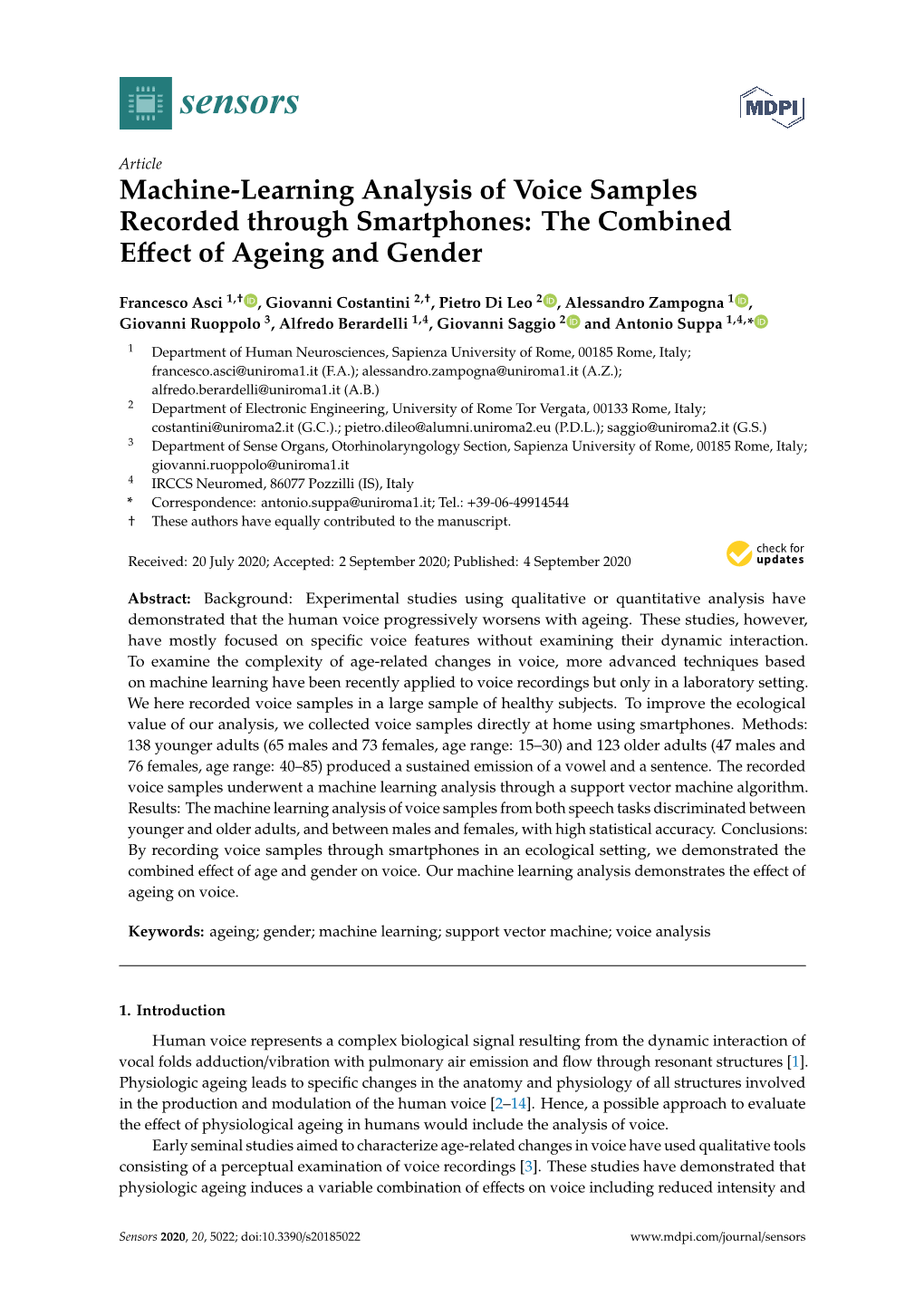 Machine-Learning Analysis of Voice Samples Recorded Through Smartphones: the Combined Eﬀect of Ageing and Gender