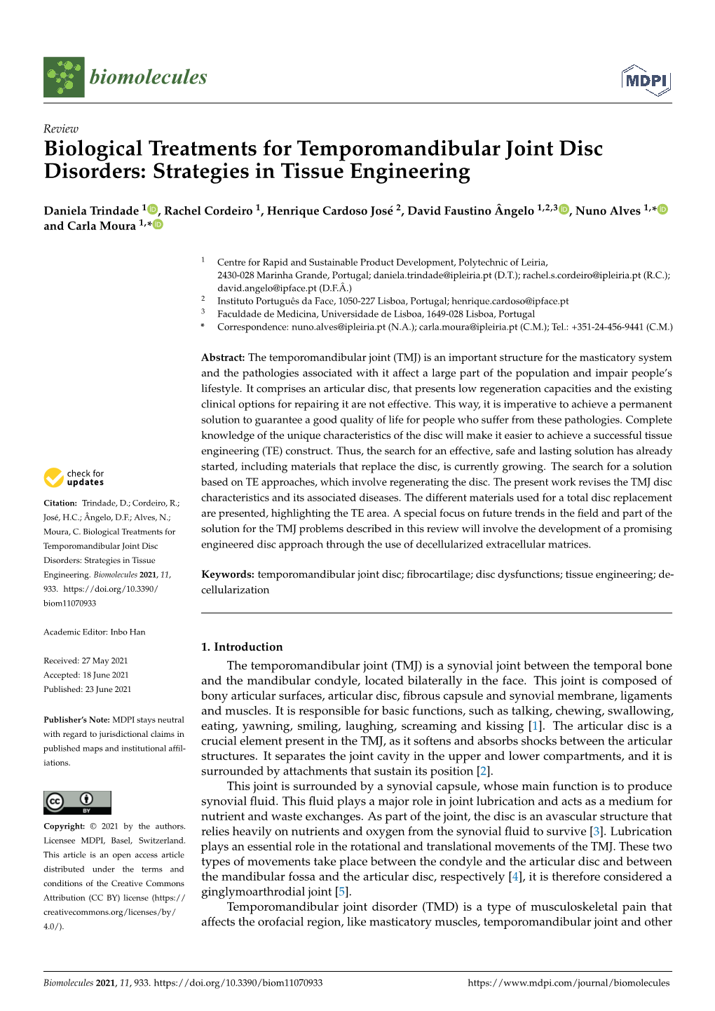 Biological Treatments for Temporomandibular Joint Disc Disorders: Strategies in Tissue Engineering