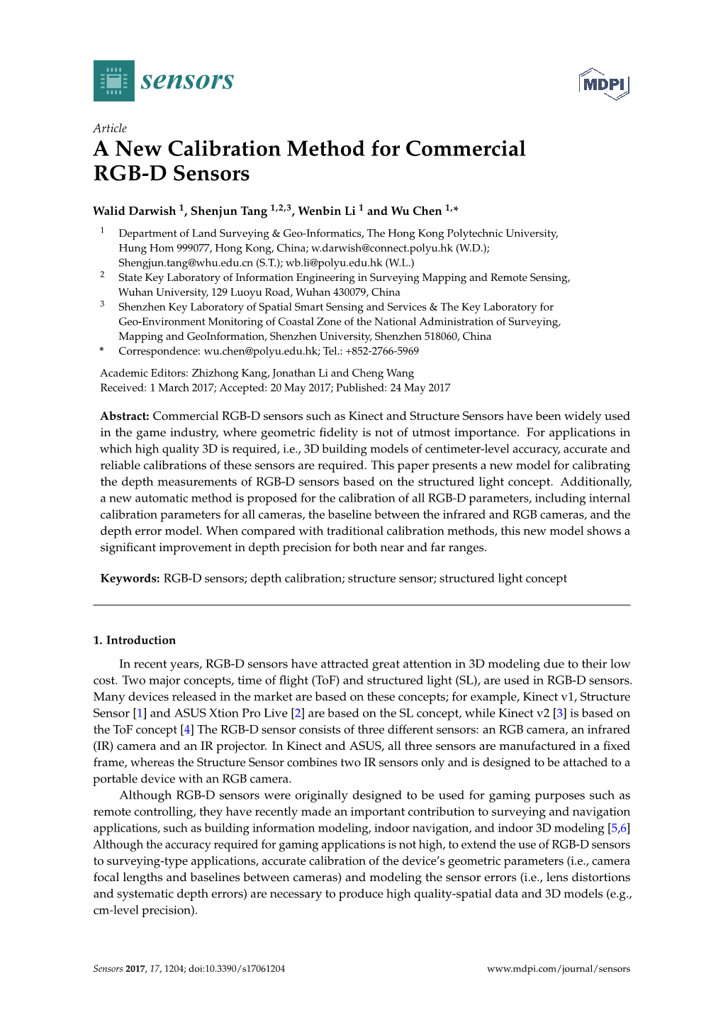 A New Calibration Method for Commercial RGB-D Sensors