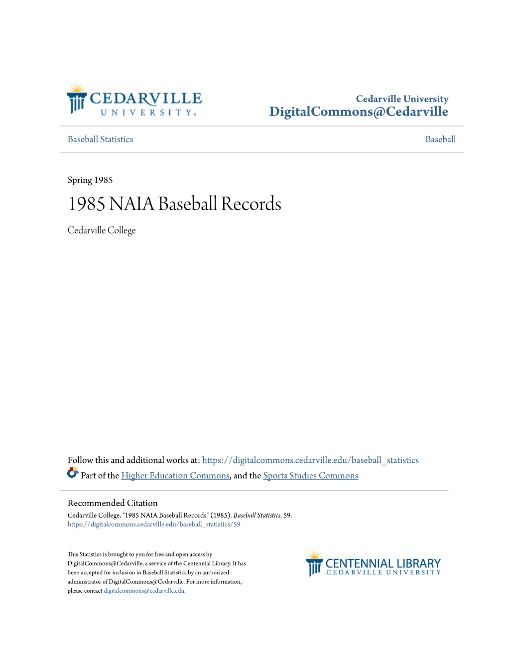 1985 NAIA Baseball Records Cedarville College