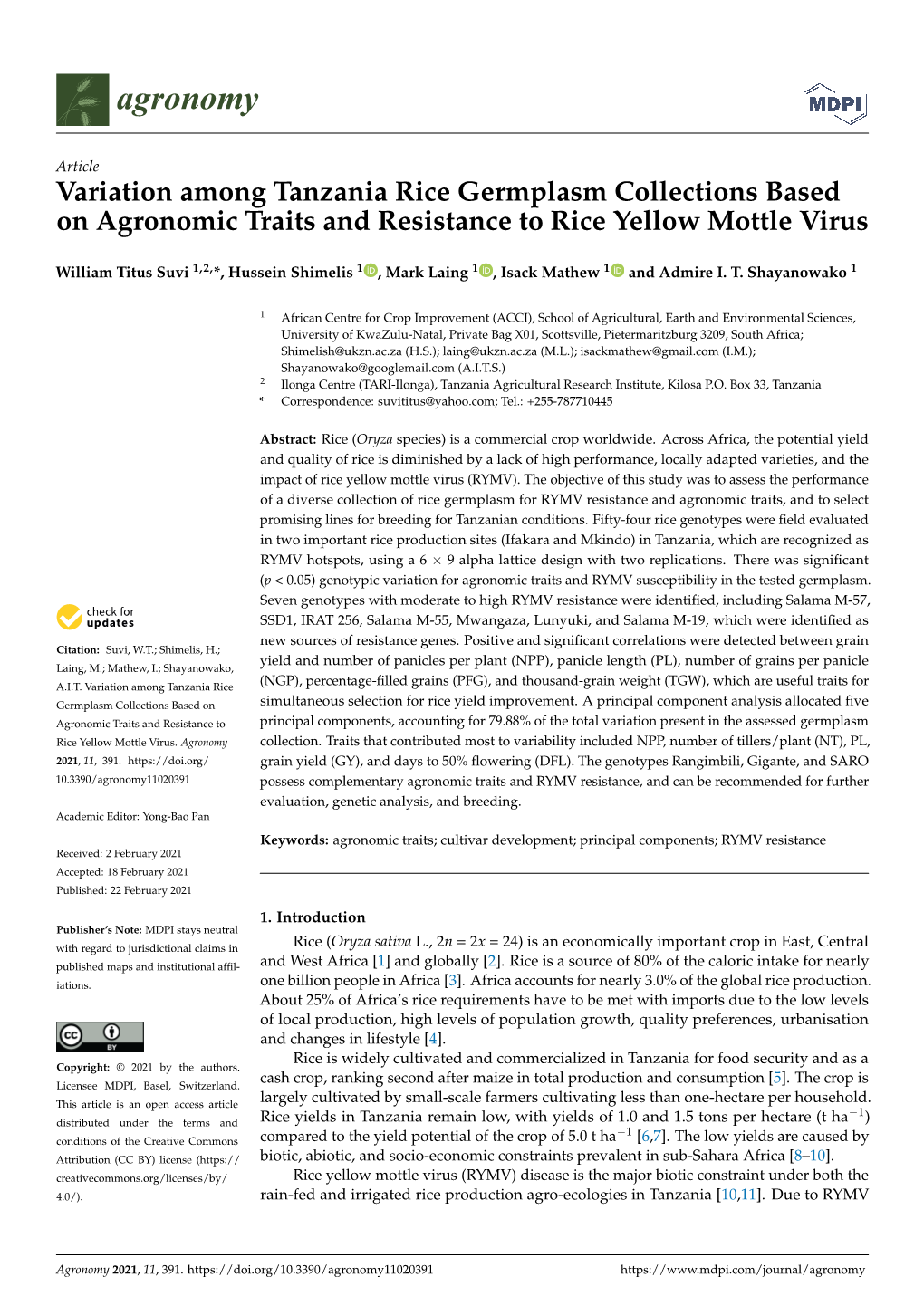 Variation Among Tanzania Rice Germplasm Collections Based on Agronomic Traits and Resistance to Rice Yellow Mottle Virus