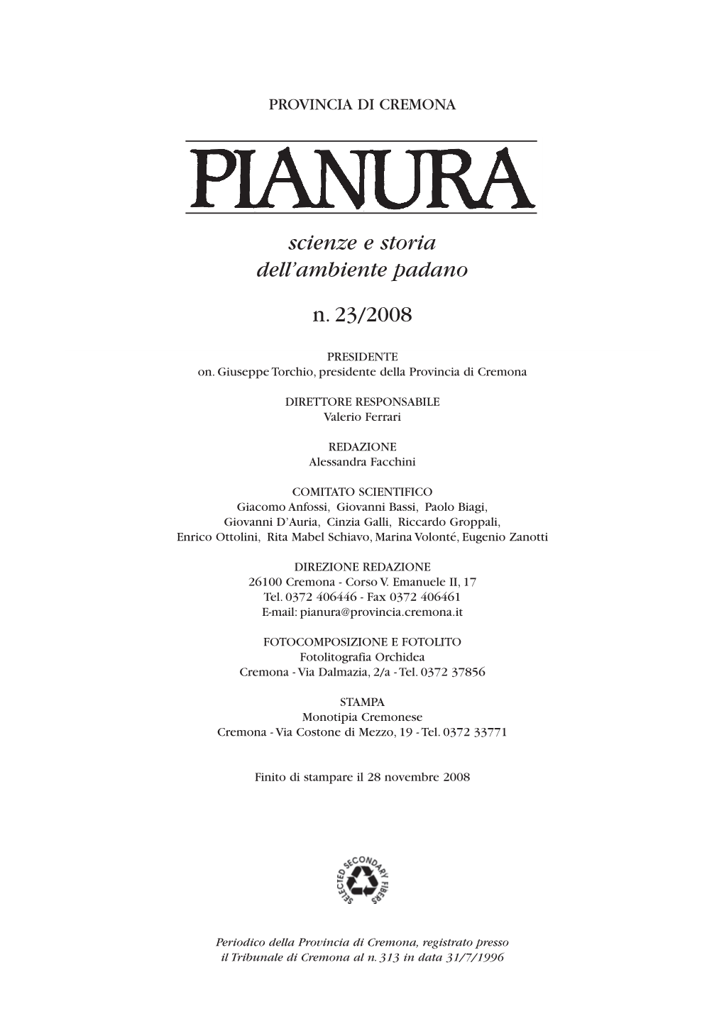 Scienze E Storia Dell'ambiente Padano N. 23/2008