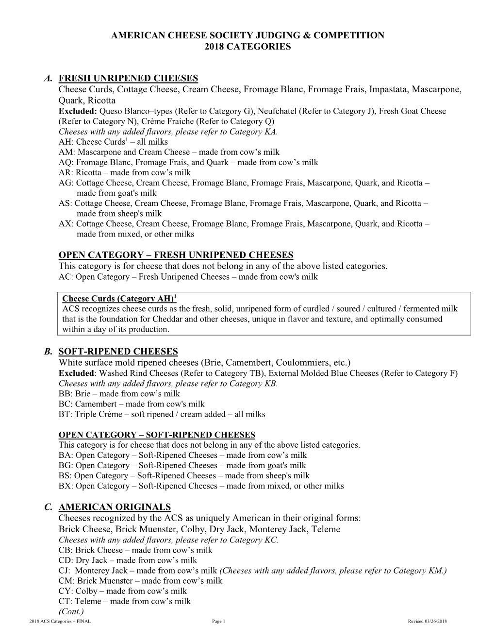 Cheese Categories For