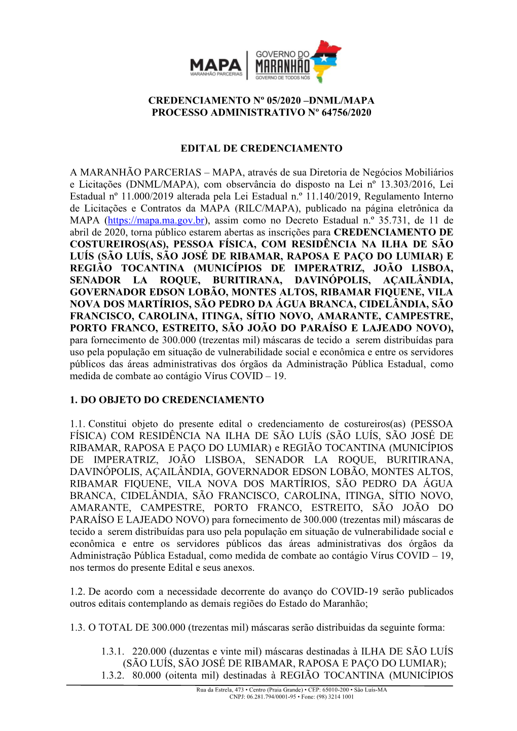 Credenciamento Nº 05/2020 –Dnml/Mapa Processo Administrativo Nº 64756/2020