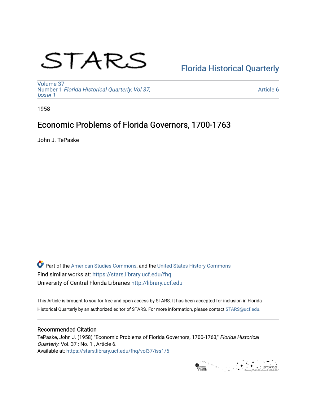 Economic Problems of Florida Governors, 1700-1763