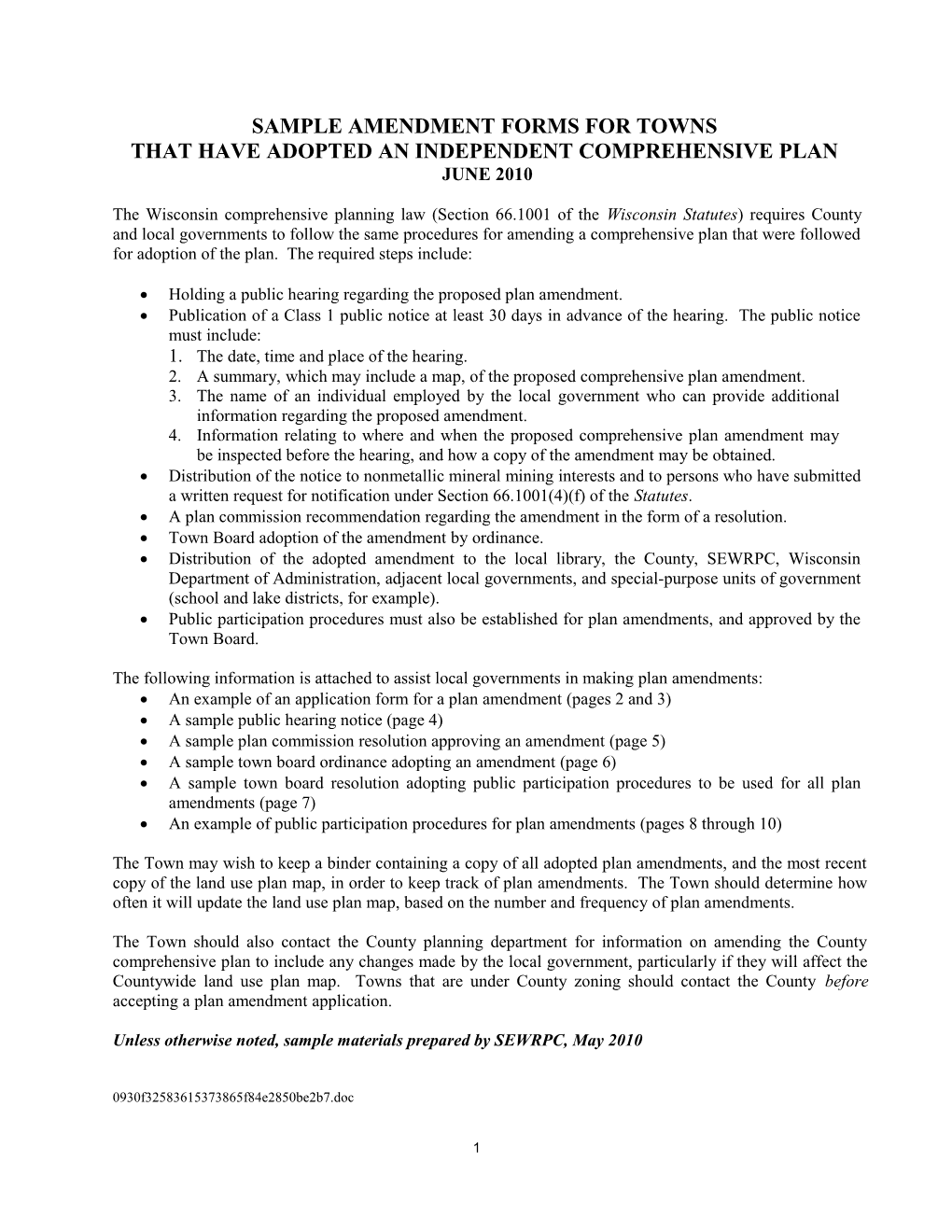 Sample Amendment Forms for Towns