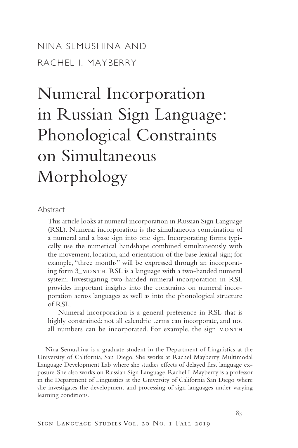 Numeral Incorporation in Russian Sign Language: Phonological Constraints on Simultaneous Morphology