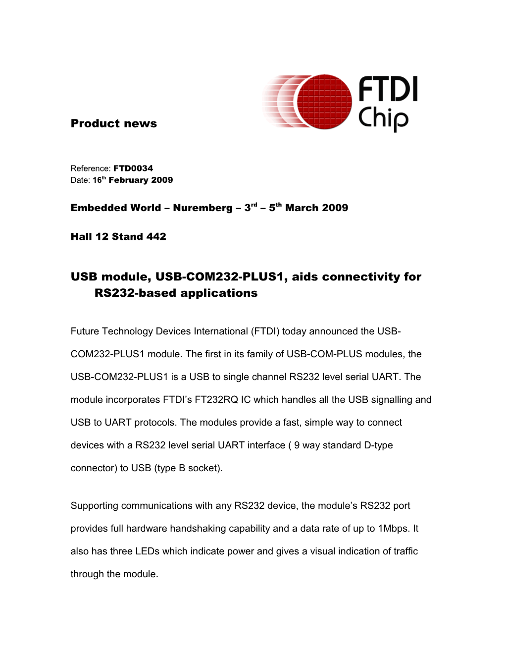 USB Module, USB-COM232-PLUS1, Aids Connectivity for RS232-Based Applications