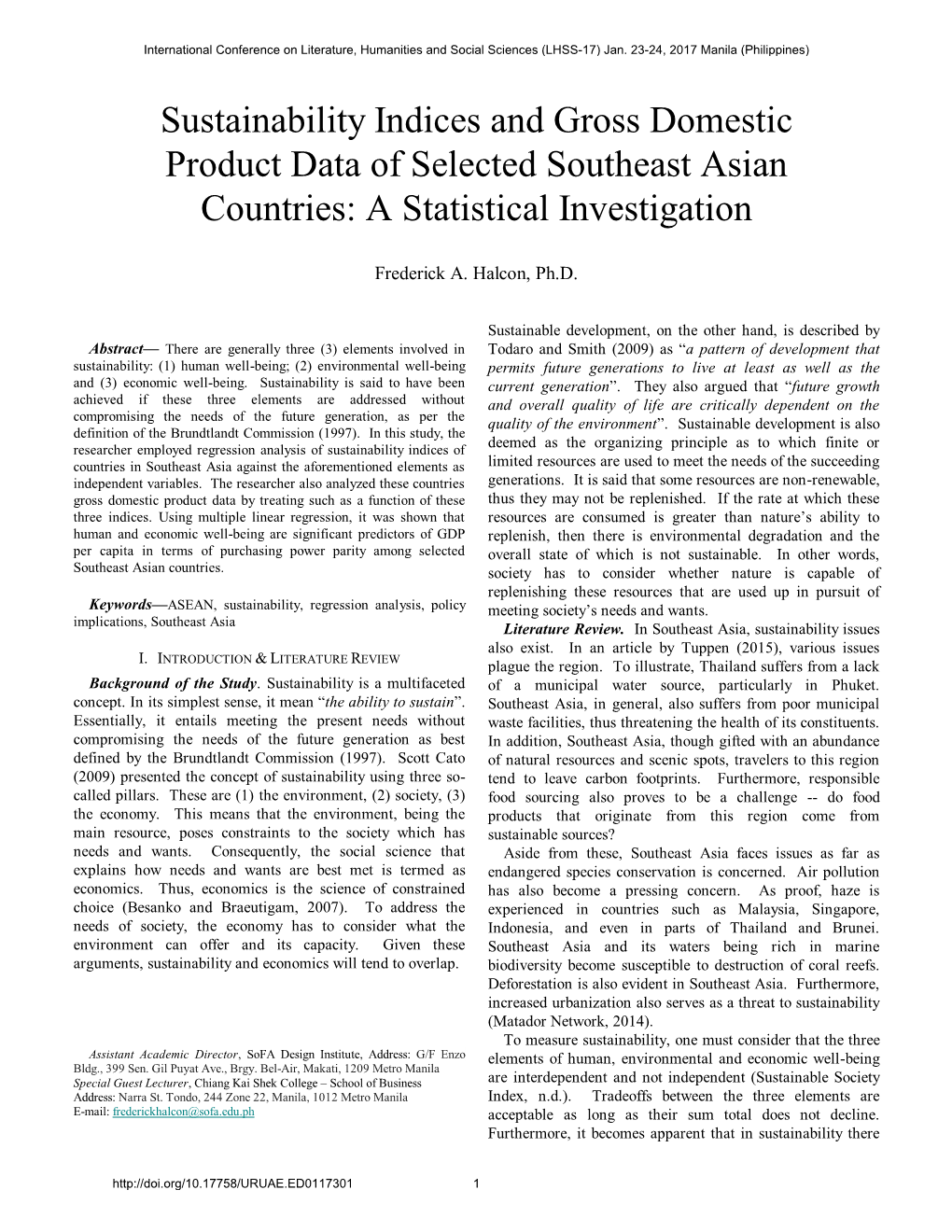 Sustainability Indices and Gross Domestic Product Data of Selected Southeast Asian Countries: a Statistical Investigation
