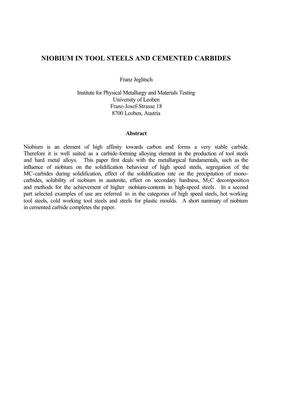 Niobium in Tool Steels and Cemented Carbides