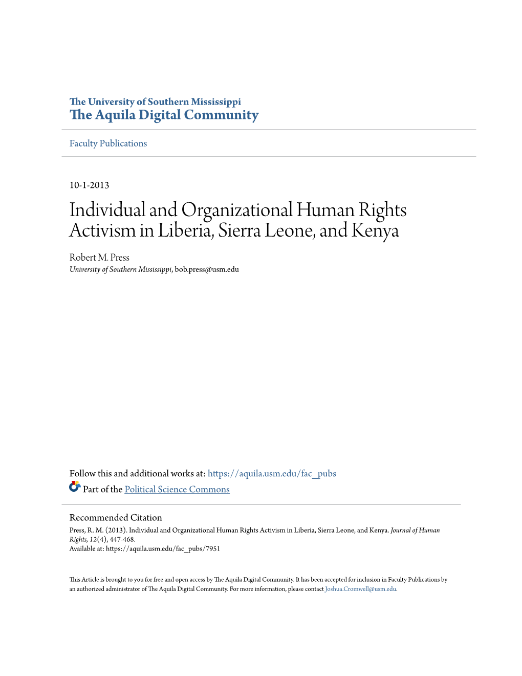 Individual and Organizational Human Rights Activism in Liberia, Sierra Leone, and Kenya Robert M