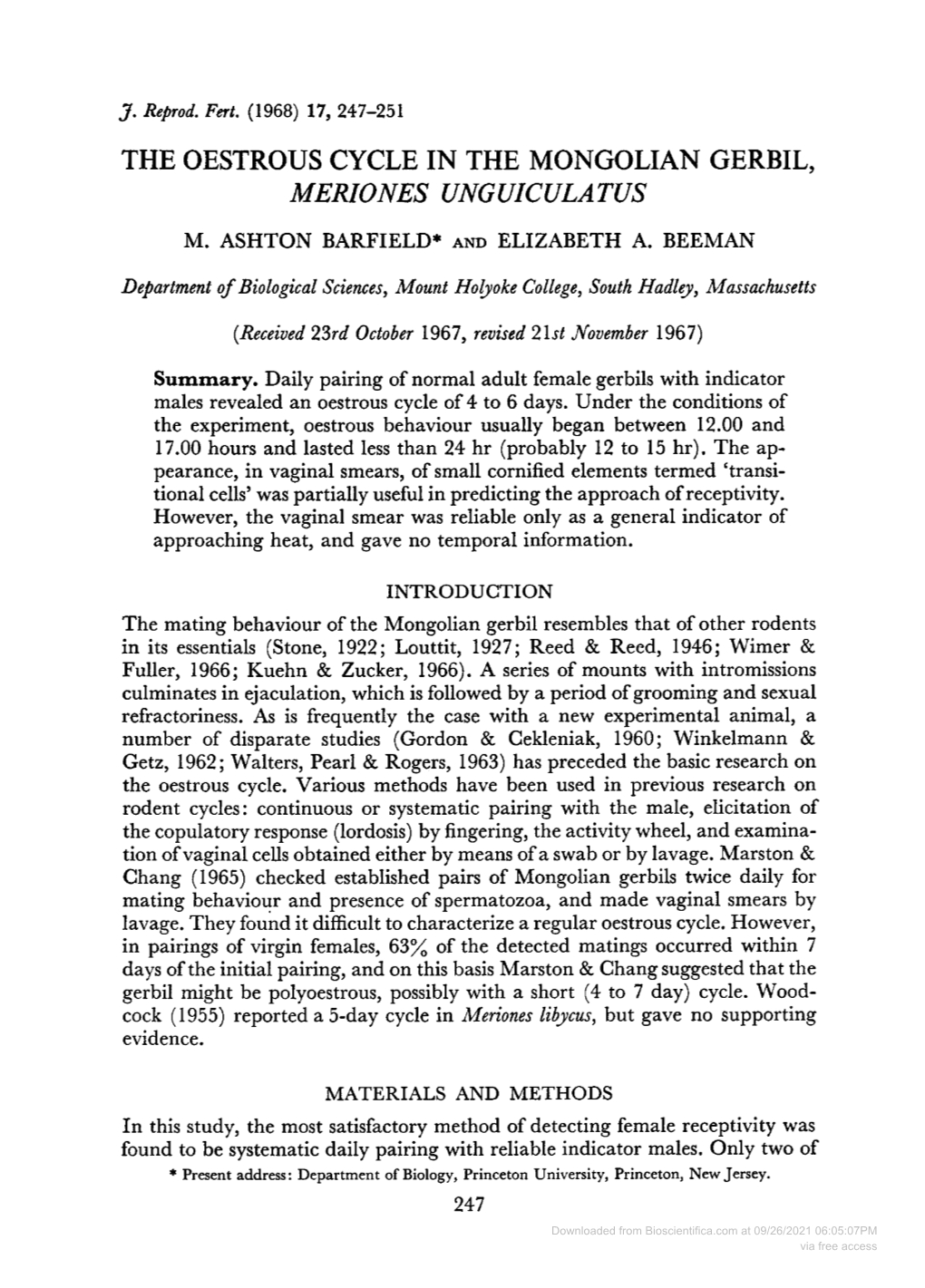 The Oestrous Cycle in the Mongolian Gerbil, Meriones Unguiculatus