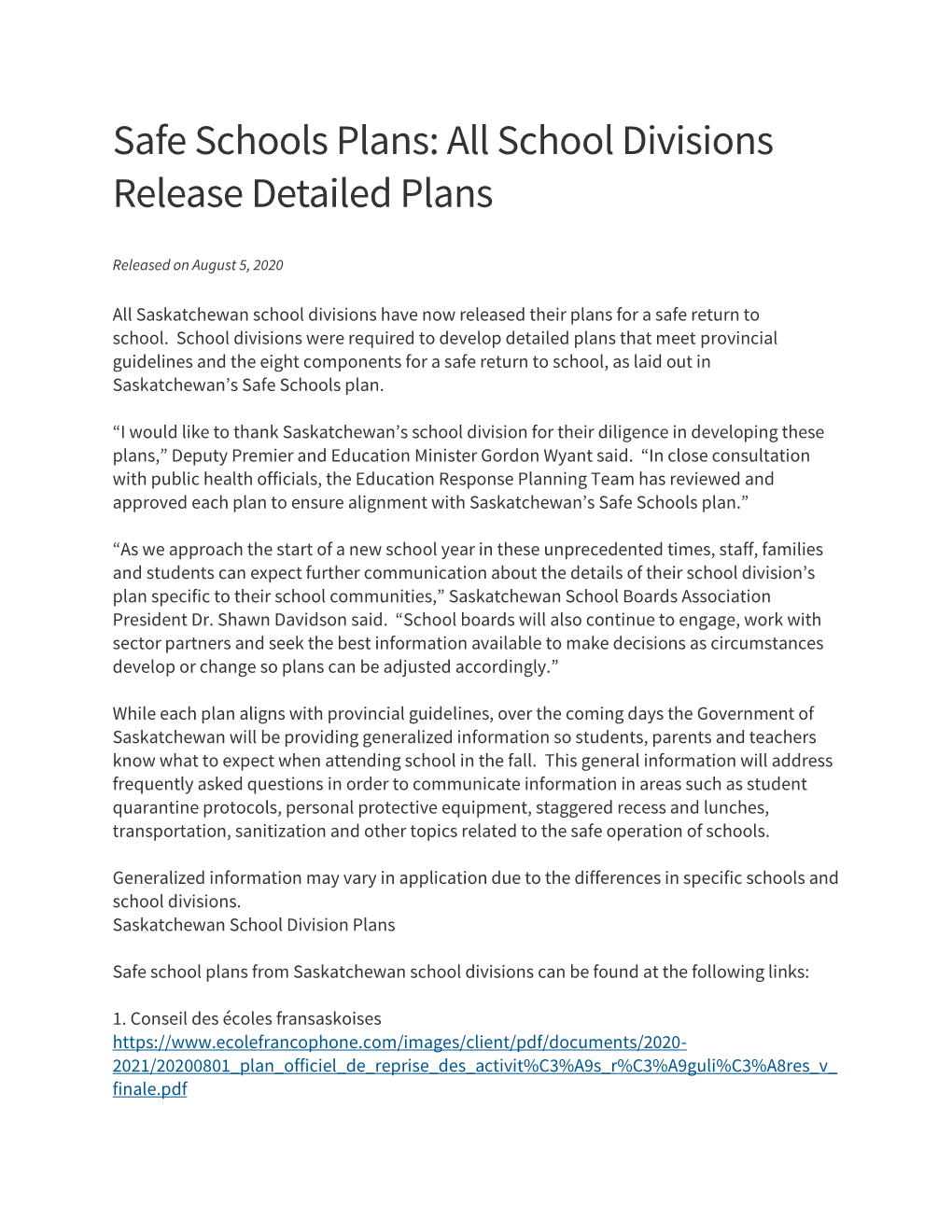 Safe Schools Plans: All School Divisions Release Detailed Plans