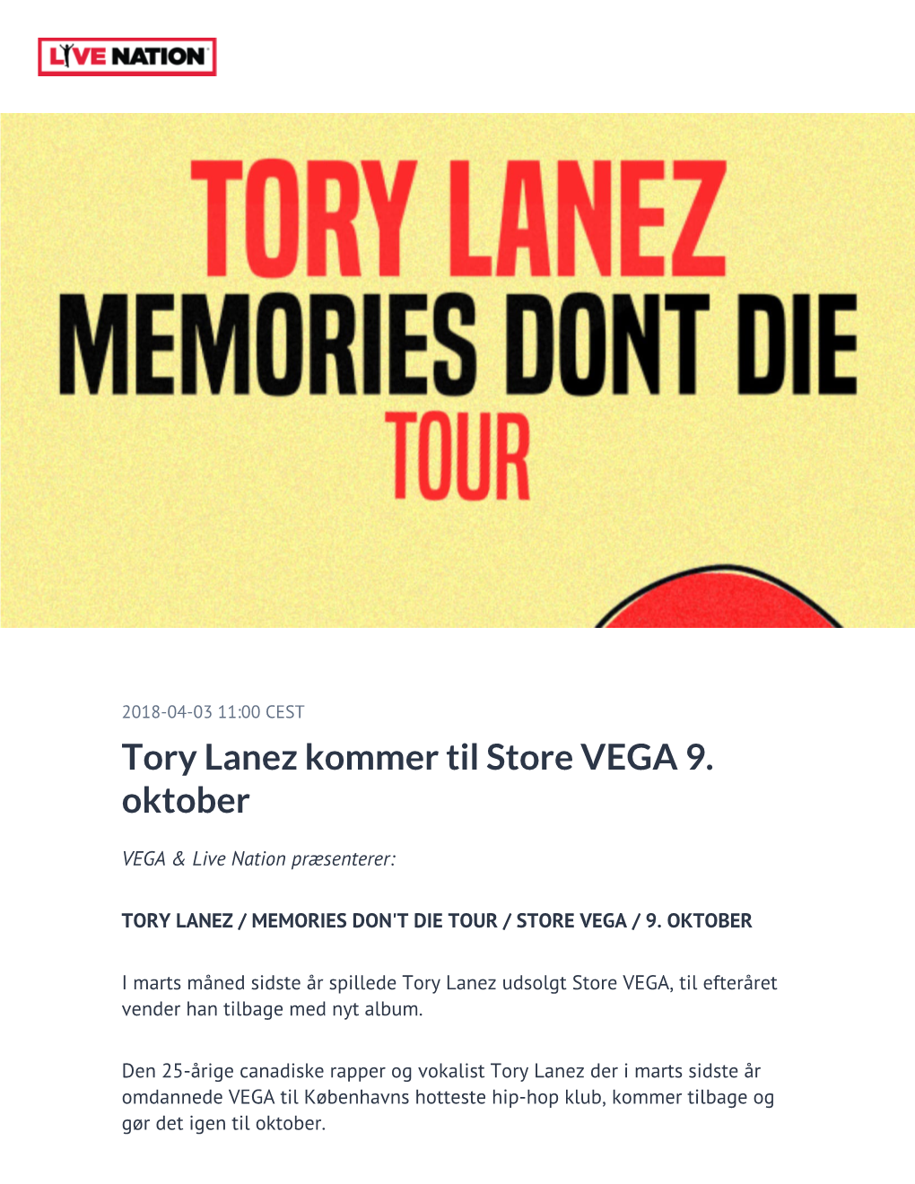 Tory Lanez Kommer Til Store VEGA 9. Oktober