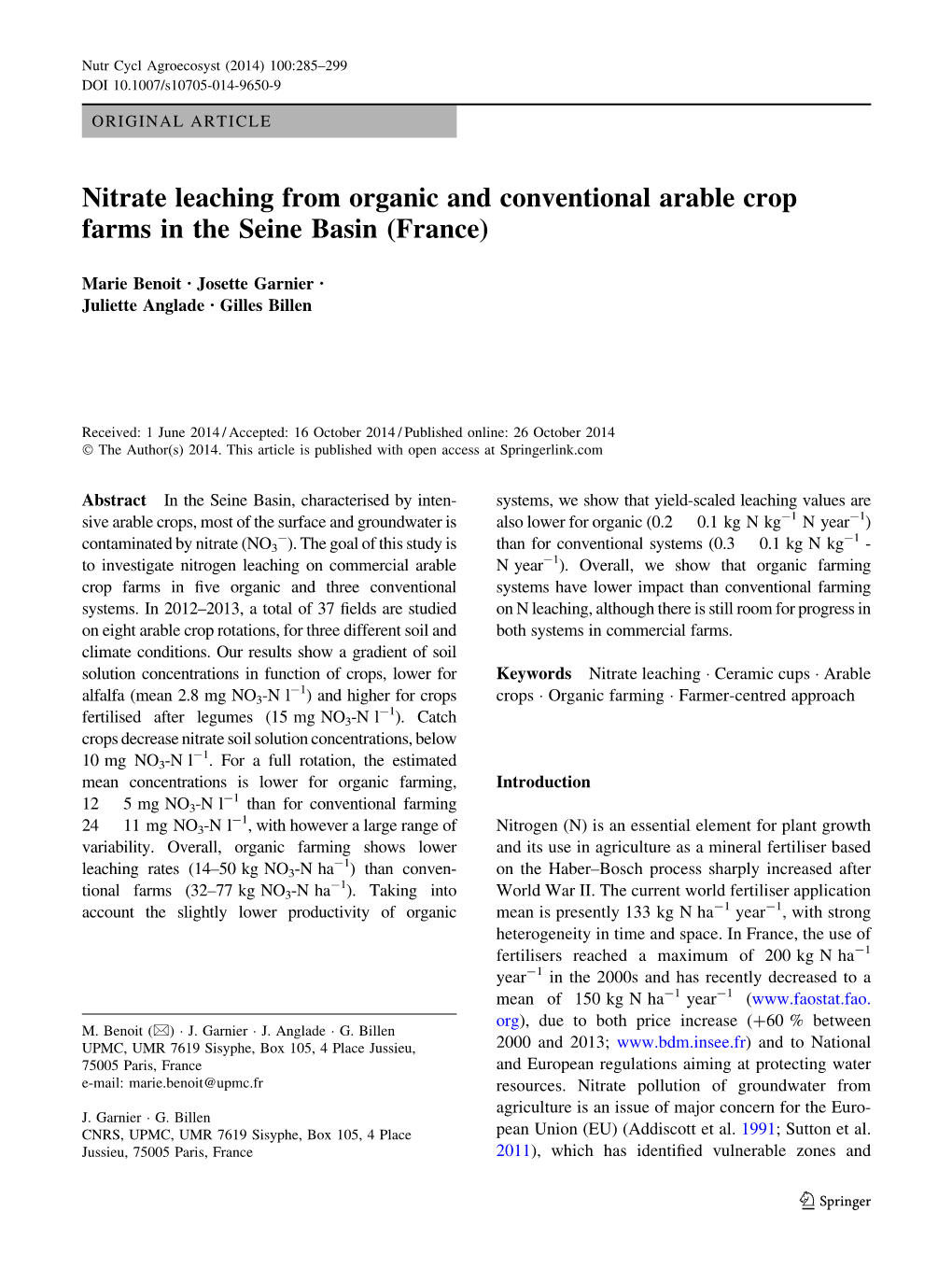 Nitrate Leaching from Organic and Conventional Arable Crop Farms in the Seine Basin (France)