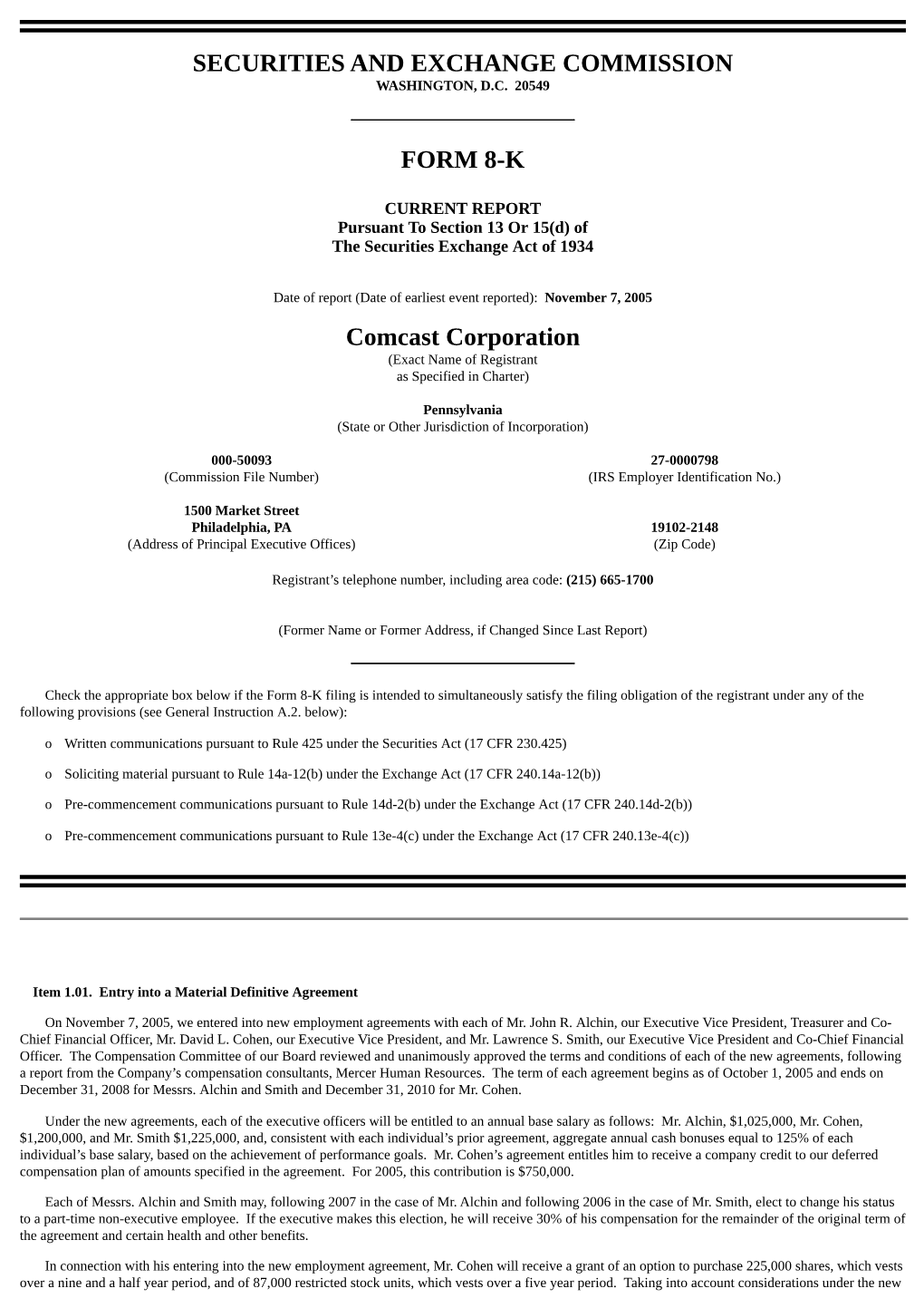 SECURITIES and EXCHANGE COMMISSION FORM 8-K Comcast