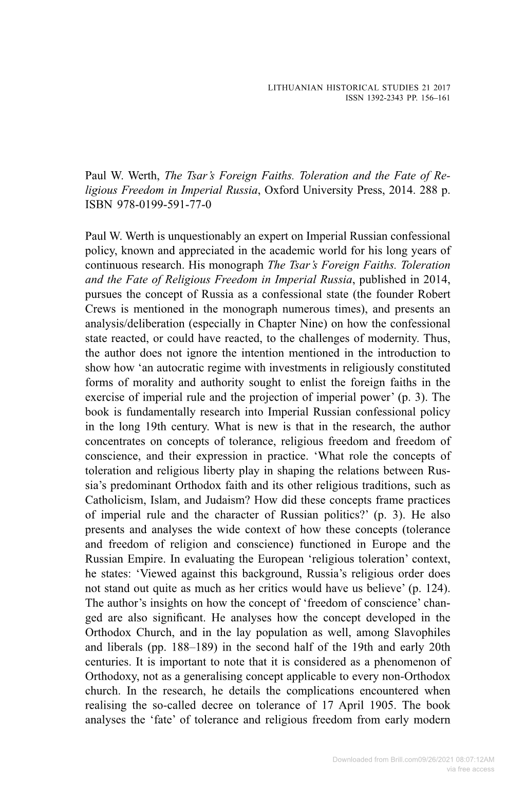 Paul W. Werth, the Tsar's Foreign Faiths. Toleration and the Fate of Re
