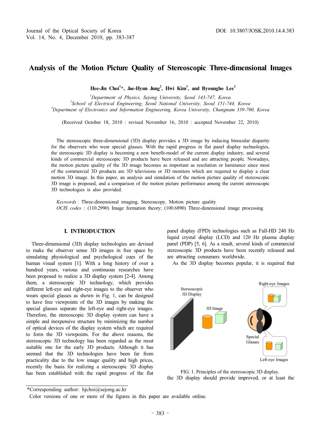 Analysis of the Motion Picture Quality of Stereoscopic Three-Dimensional Images