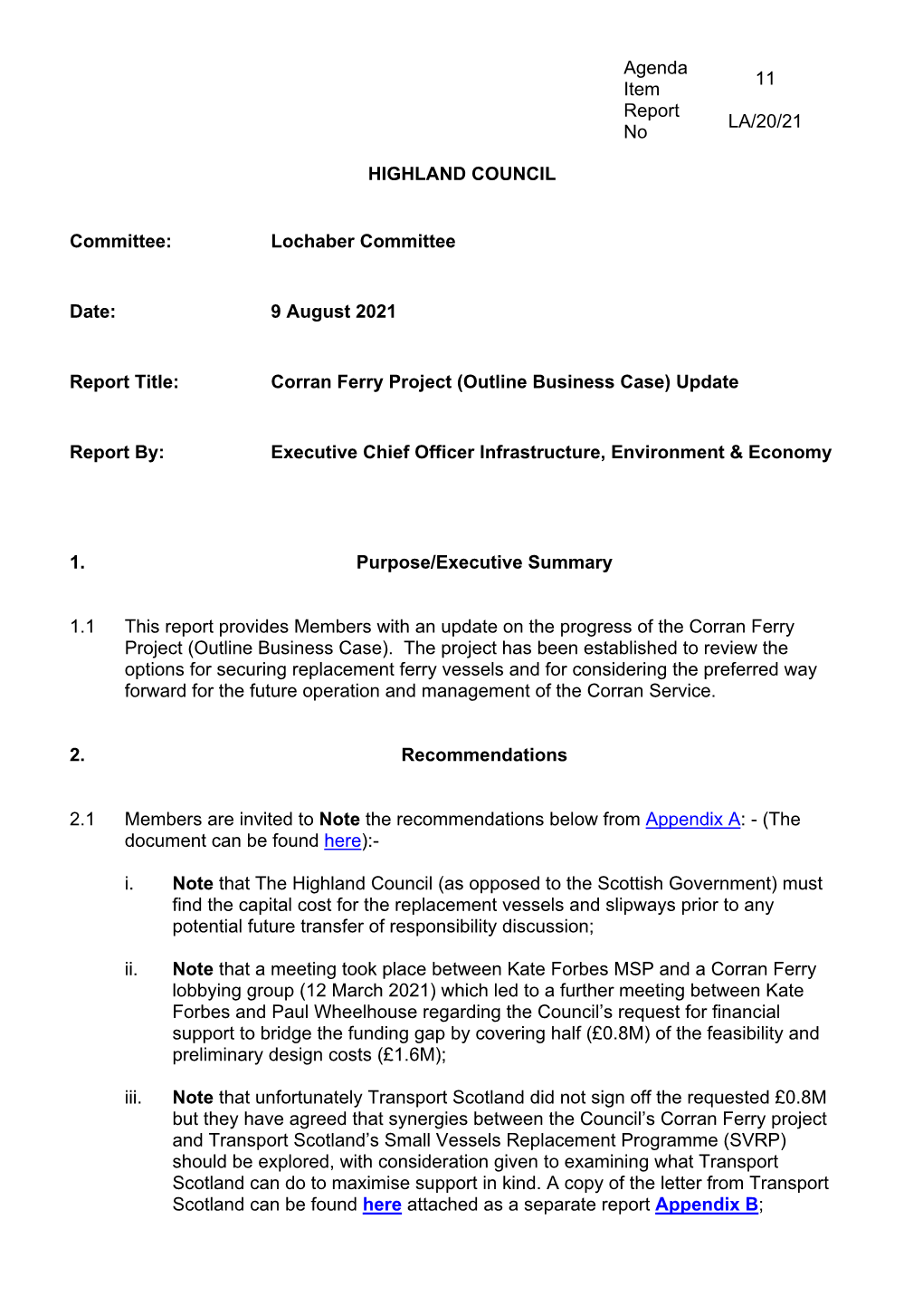 Corran Ferry Project (Outline Business Case) Update