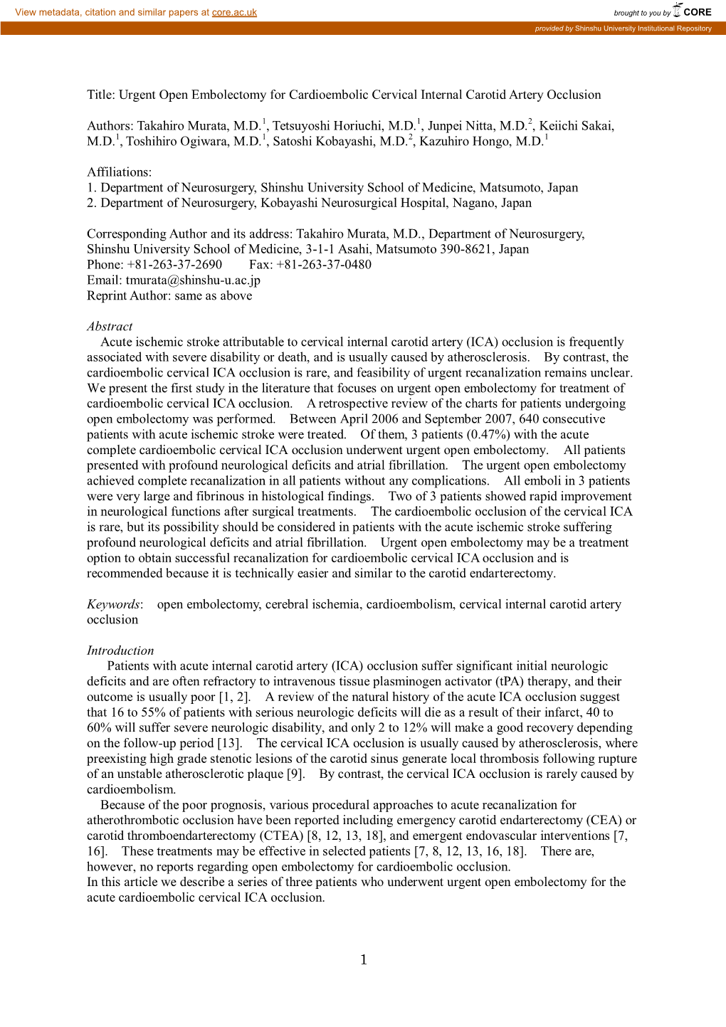 Urgent Open Embolectomy for Cardioembolic Cervical Internal Carotid Artery Occlusion