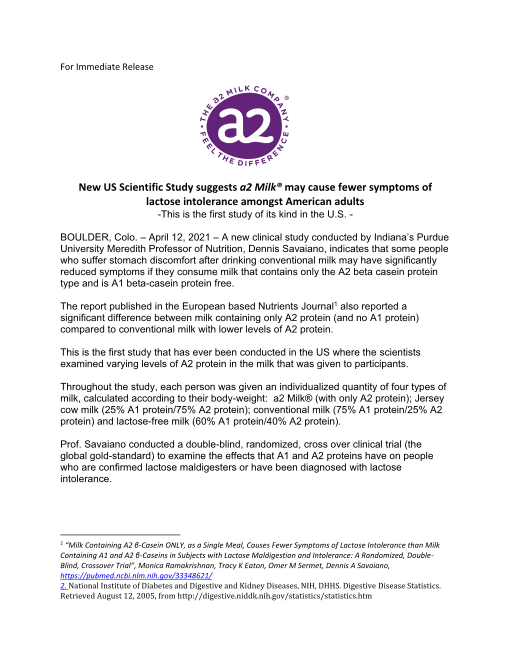 New US Scientific Study Suggests A2 Milk® May Cause Fewer Symptoms of Lactose Intolerance Amongst American Adults -This Is the First Study of Its Kind in the U.S