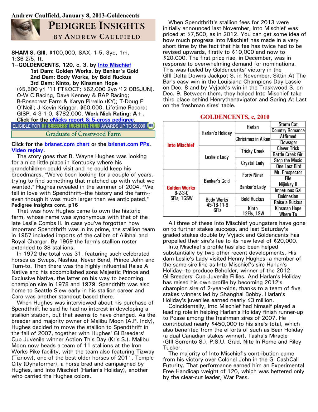 PEDIGREE INSIGHTS Initially Announced Last November, Into Mischief Was B Y a N D R E W C a U L F I E L D Priced at $7,500, As in 2012