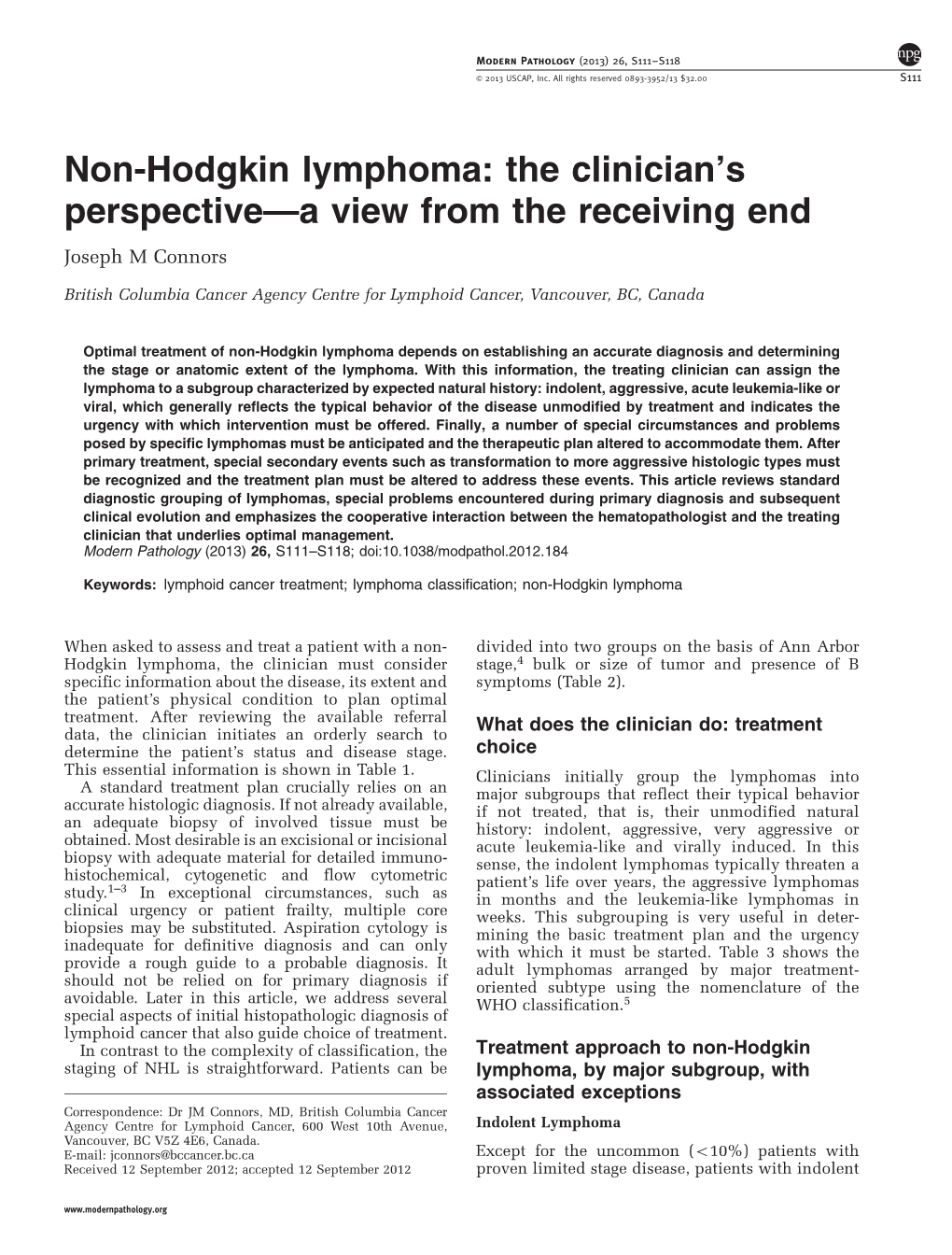 Non-Hodgkin Lymphoma: the Clinician&Rsquo;S Perspective&Mdash;A View from the Receiving