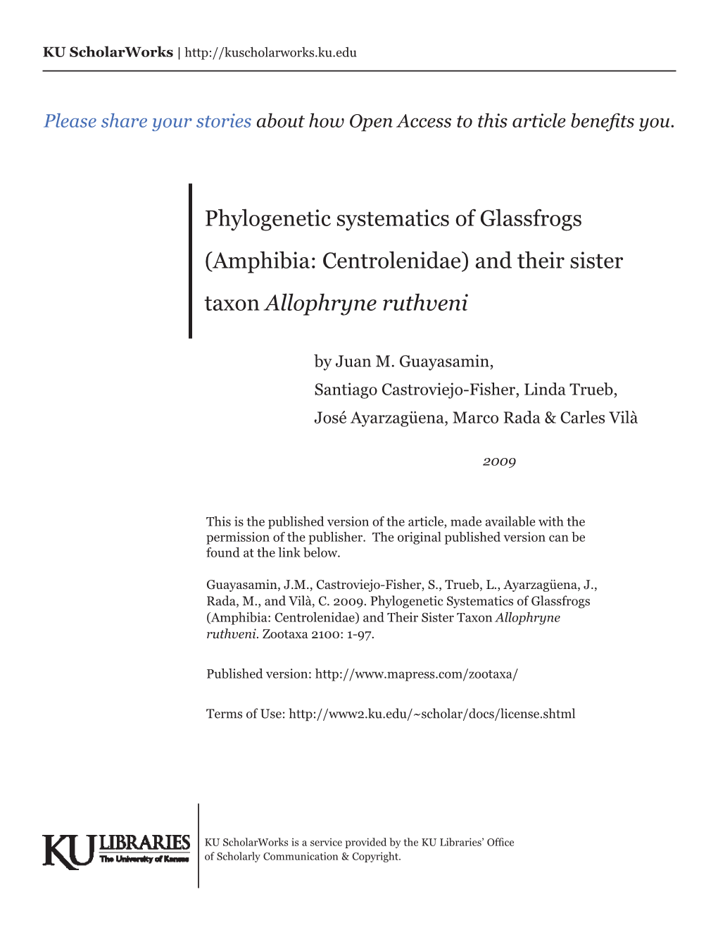 Zootaxa, Phylogenetic Systematics of Glassfrogs (Amphibia: Centrolenidae)