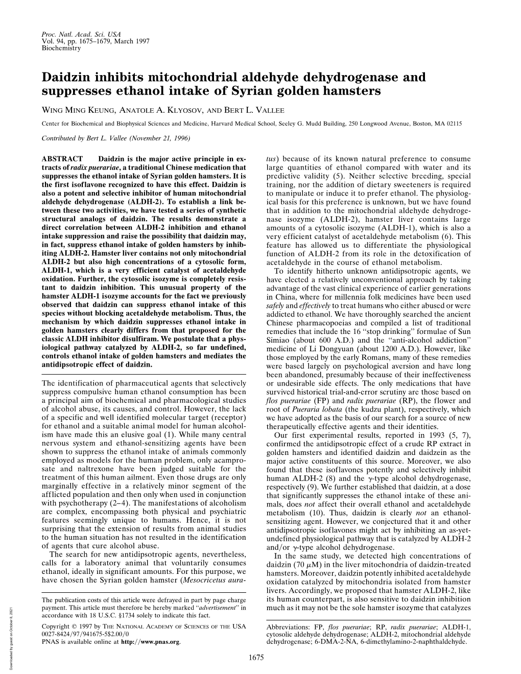 Daidzin Inhibits Mitochondrial Aldehyde Dehydrogenase and Suppresses Ethanol Intake of Syrian Golden Hamsters