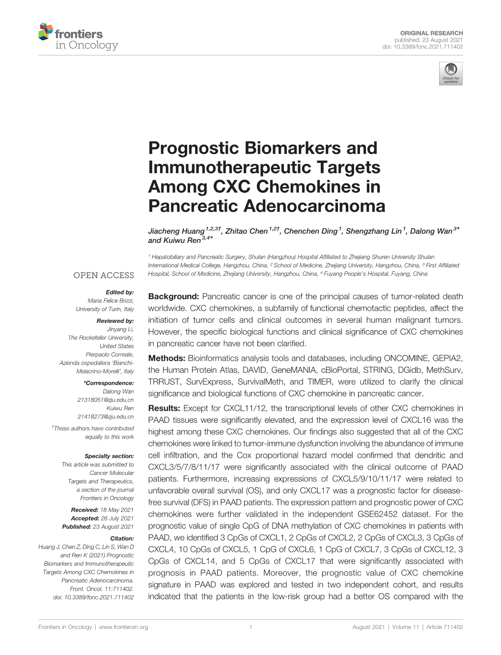 Prognostic Biomarkers and Immunotherapeutic Targets Among CXC Chemokines in Pancreatic Adenocarcinoma