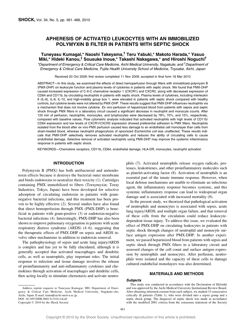 Apheresis of Activated Leukocytes with an Immobilized Polymyxin B Filter in Patients with Septic Shock