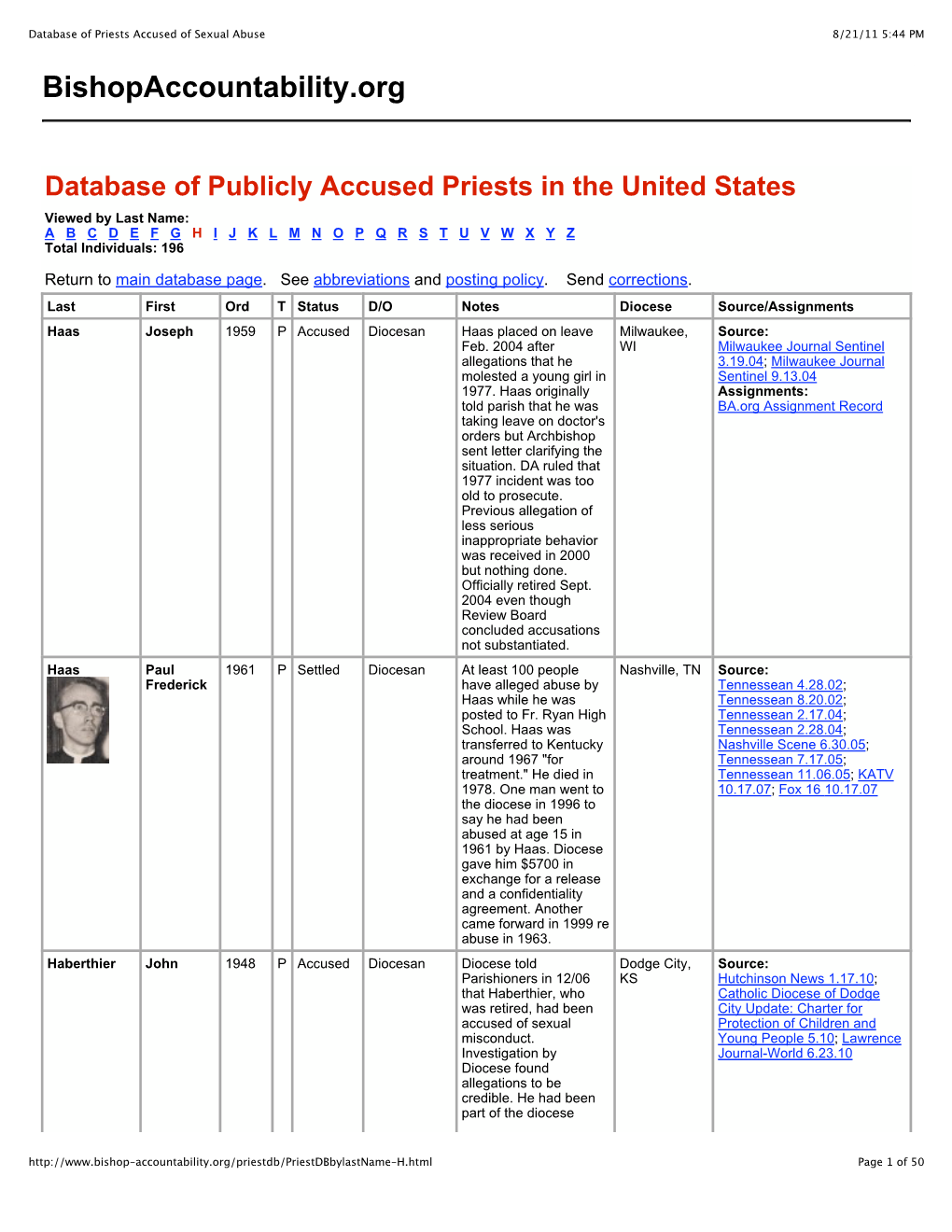 Database of Priests Accused of Sexual Abuse 8/21/11 5:44 PM