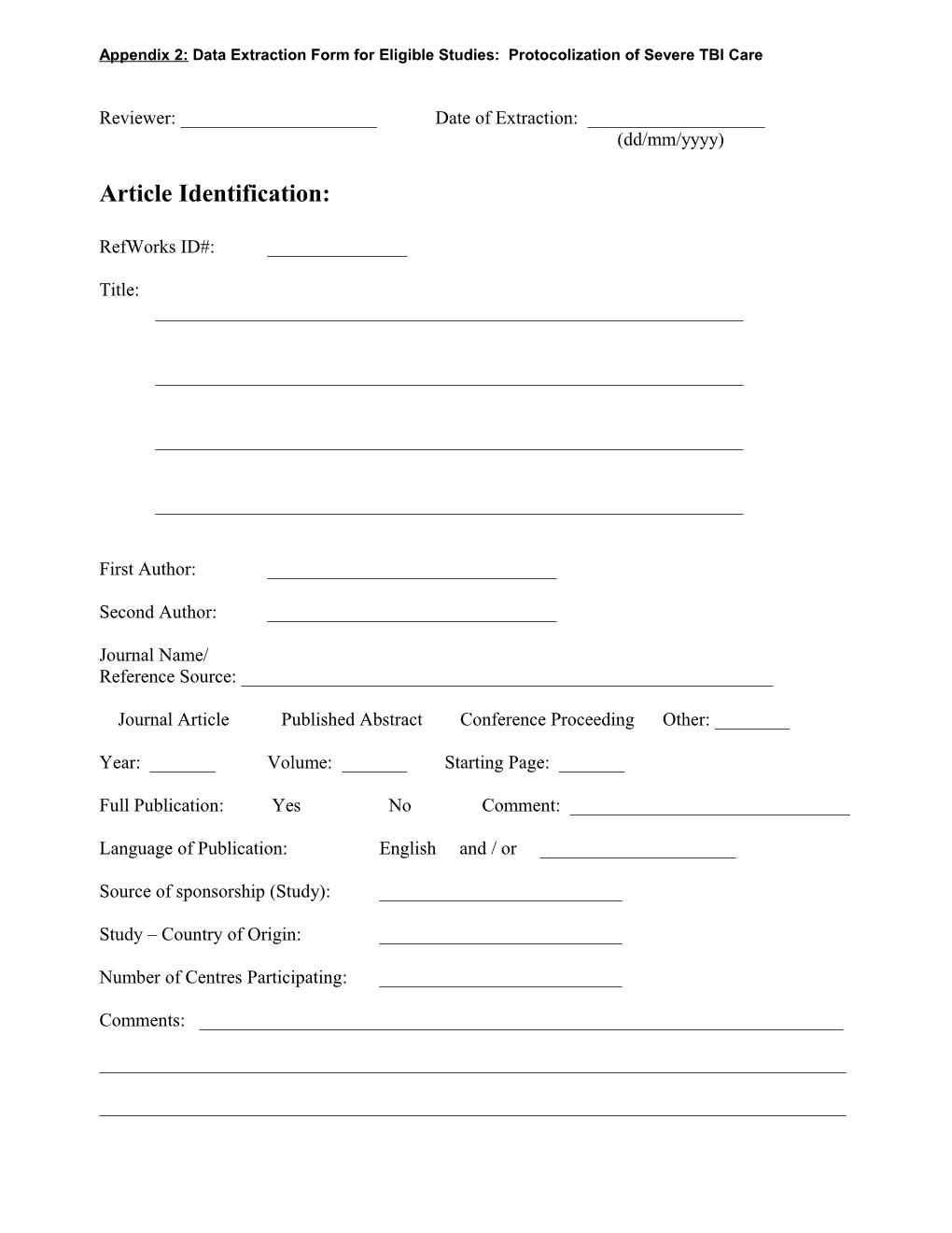 Appendix 2: Data Extraction Form for Eligible Studies: Protocolization of Severe TBI Care