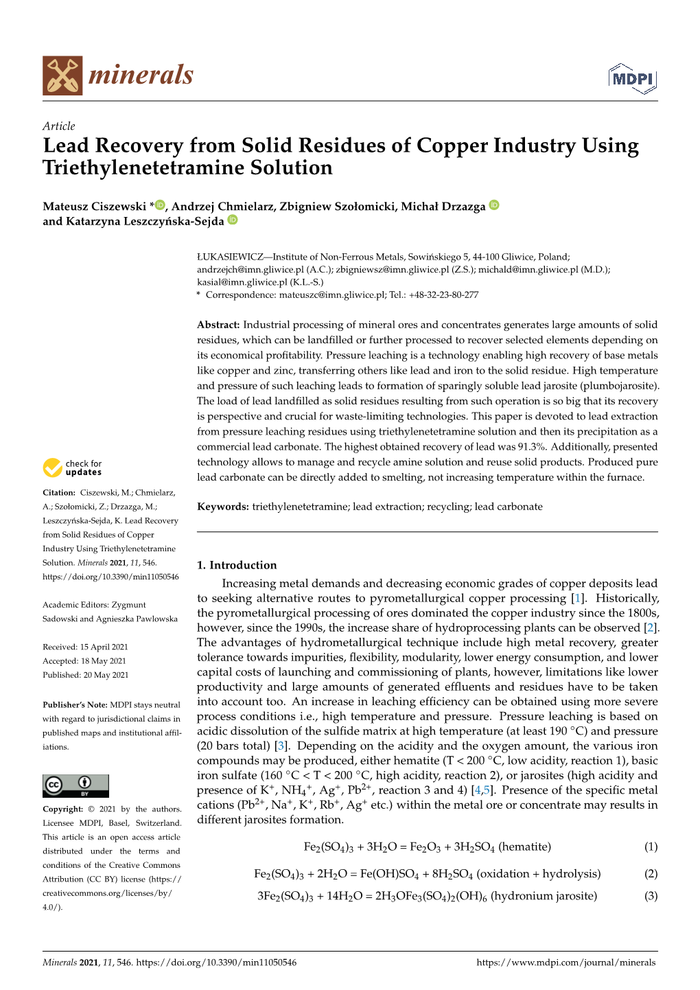 Lead Recovery from Solid Residues of Copper Industry Using Triethylenetetramine Solution