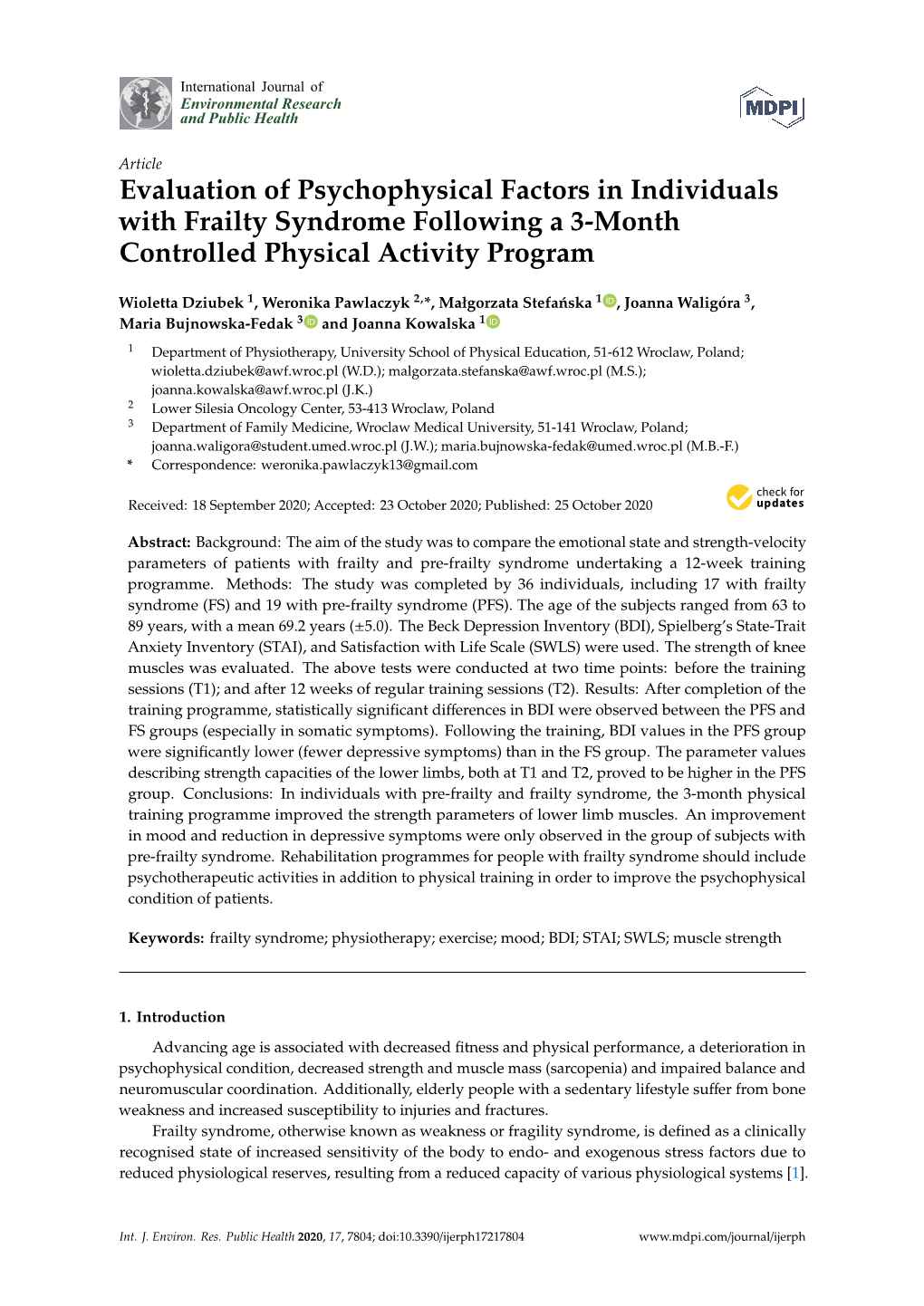 Evaluation of Psychophysical Factors in Individuals with Frailty Syndrome Following a 3-Month Controlled Physical Activity Program