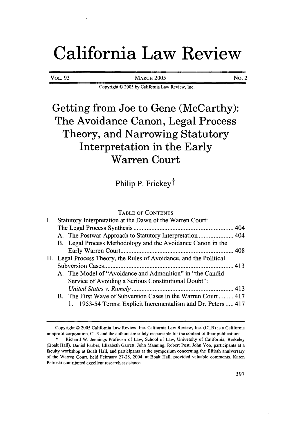 The Avoidance Canon, Legal Process Theory, and Narrowing Statutory Interpretation in the Early Warren Court