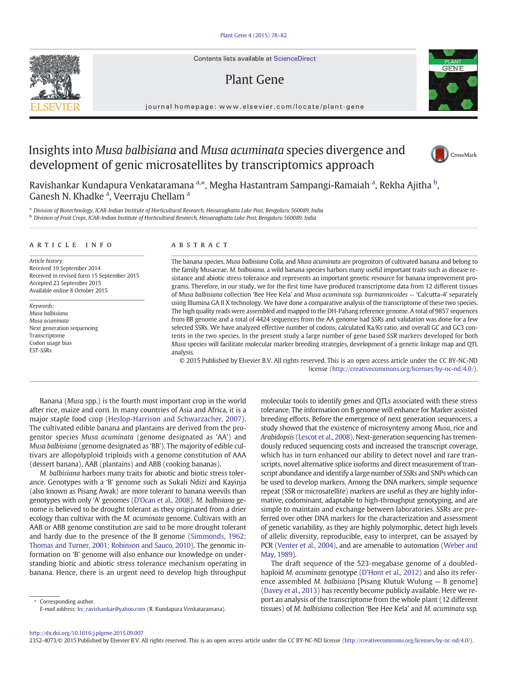 Insights Into Musa Balbisiana and Musa Acuminata Species Divergence and Development of Genic Microsatellites by Transcriptomics Approach