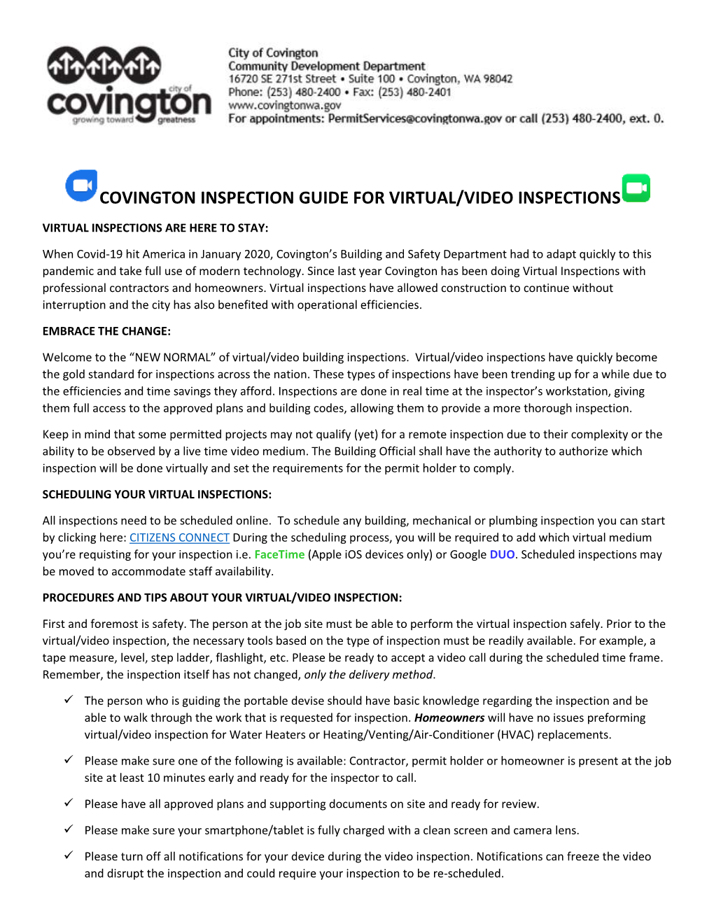 Covington Inspection Guide for Virtual/Video Inspections
