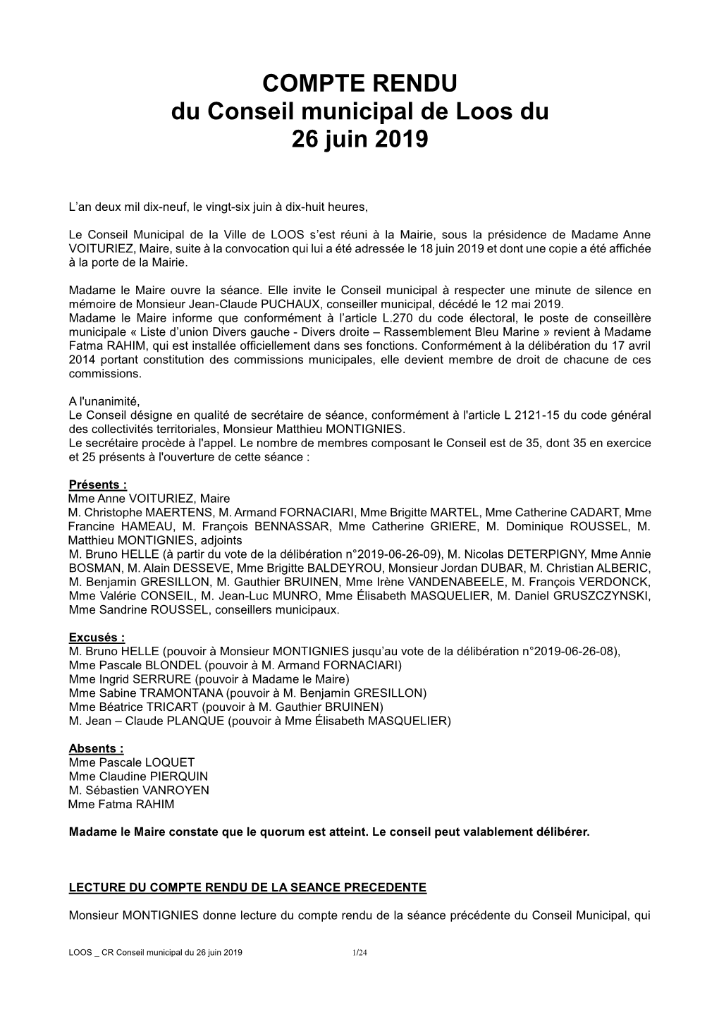 COMPTE RENDU Du Conseil Municipal De Loos Du 26 Juin 2019
