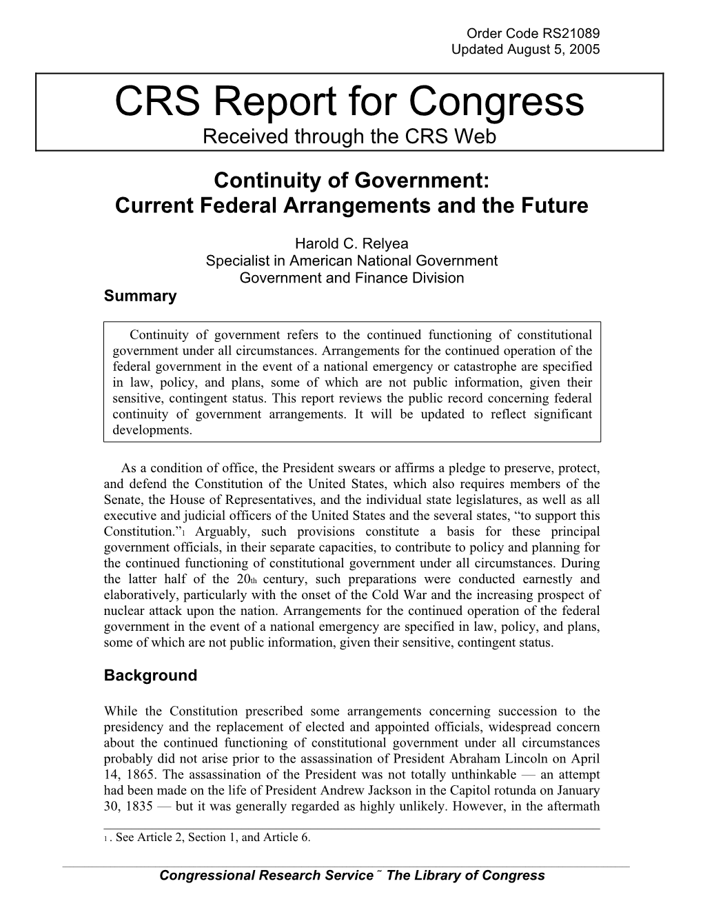 Continuity of Government: Current Federal Arrangements and the Future